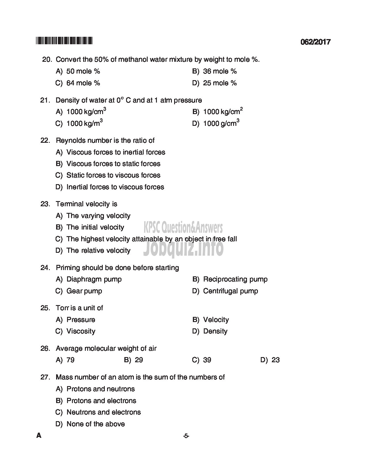 Kerala PSC Question Paper - TRADESMAN CHEMICAL ENGINEERING TECHNICAL EDUCATION QUESTION PAPER-5