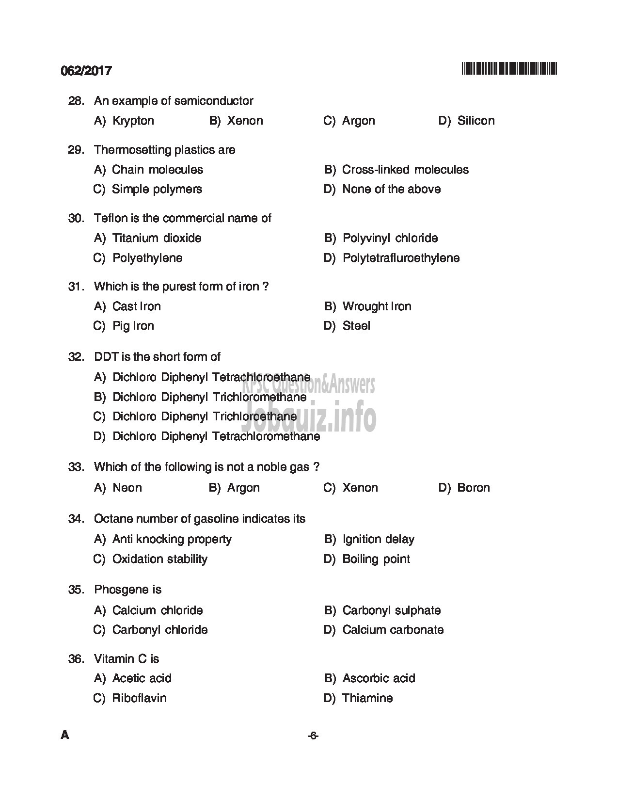 Kerala PSC Question Paper - TRADESMAN CHEMICAL ENGINEERING TECHNICAL EDUCATION QUESTION PAPER-6