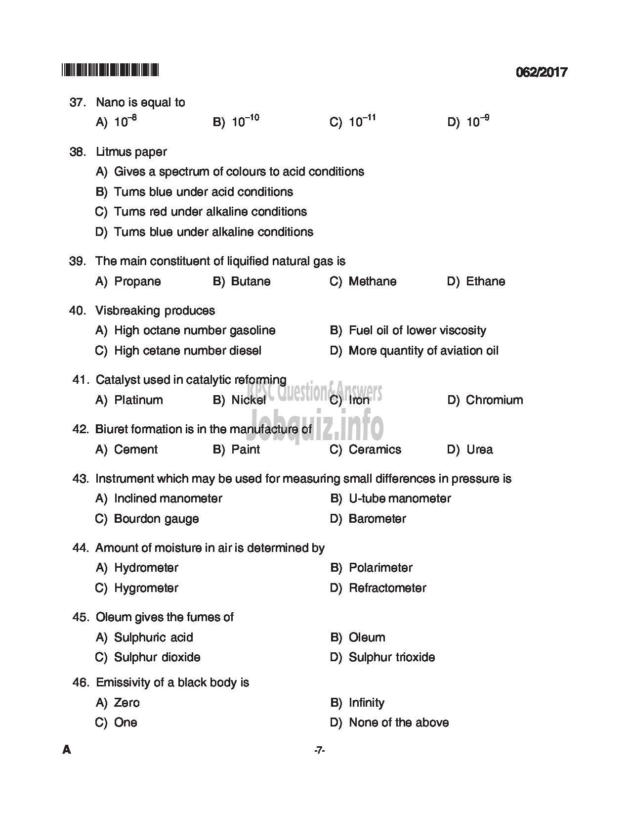 Kerala PSC Question Paper - TRADESMAN CHEMICAL ENGINEERING TECHNICAL EDUCATION QUESTION PAPER-7