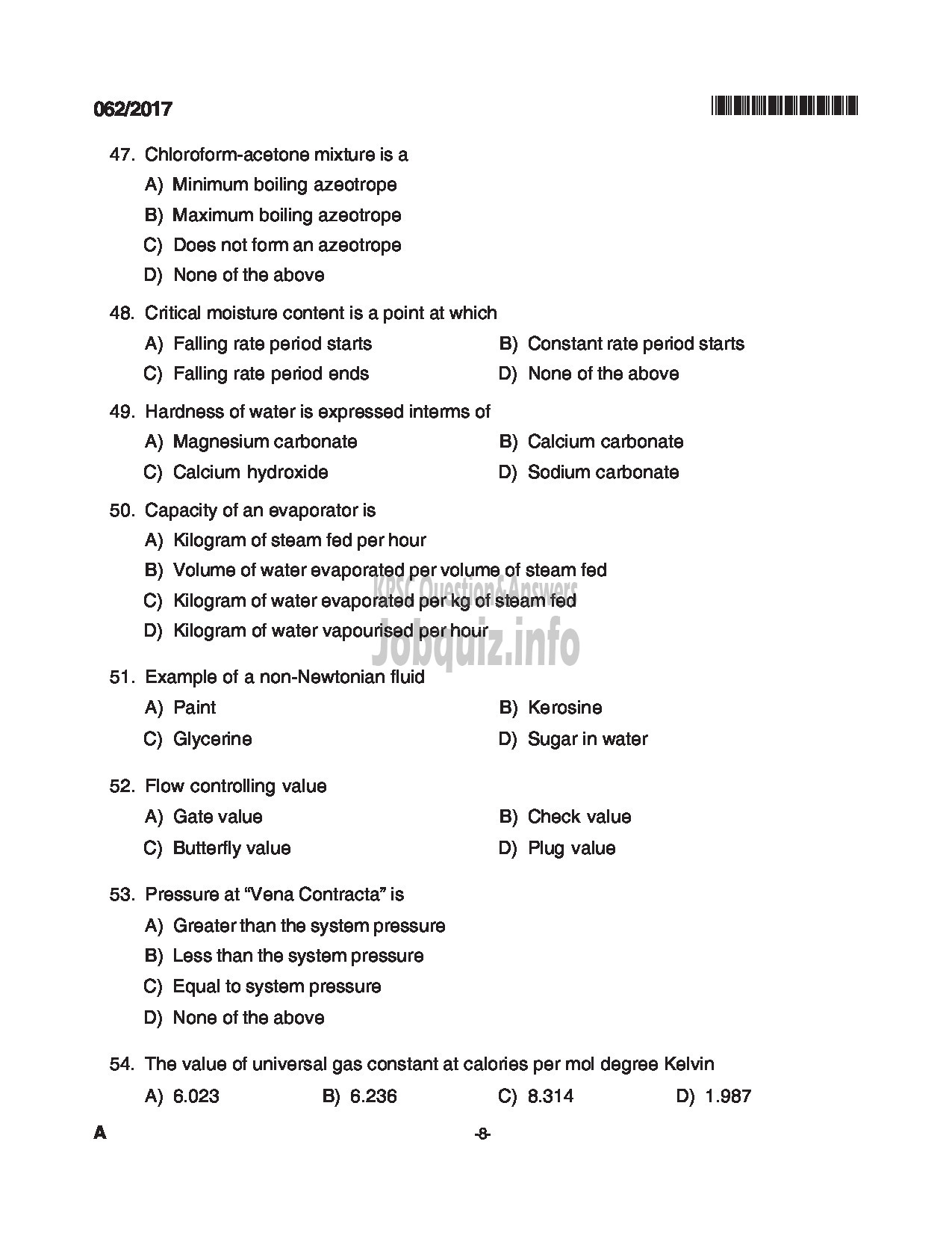 Kerala PSC Question Paper - TRADESMAN CHEMICAL ENGINEERING TECHNICAL EDUCATION QUESTION PAPER-8