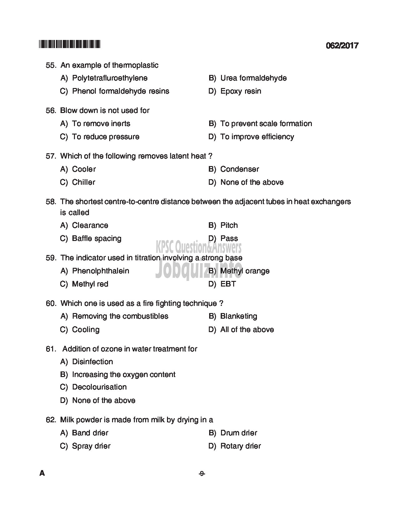 Kerala PSC Question Paper - TRADESMAN CHEMICAL ENGINEERING TECHNICAL EDUCATION QUESTION PAPER-9