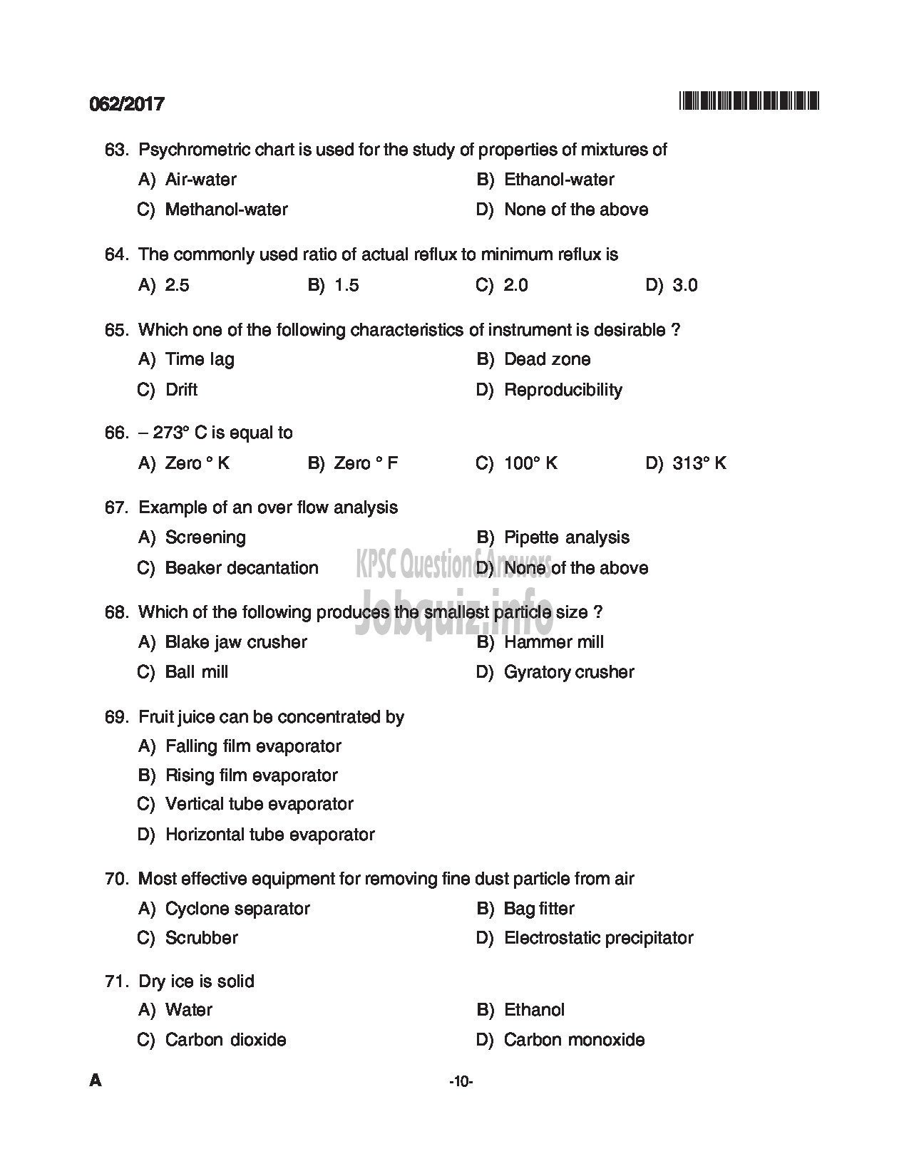 Kerala PSC Question Paper - TRADESMAN CHEMICAL ENGINEERING TECHNICAL EDUCATION QUESTION PAPER-10