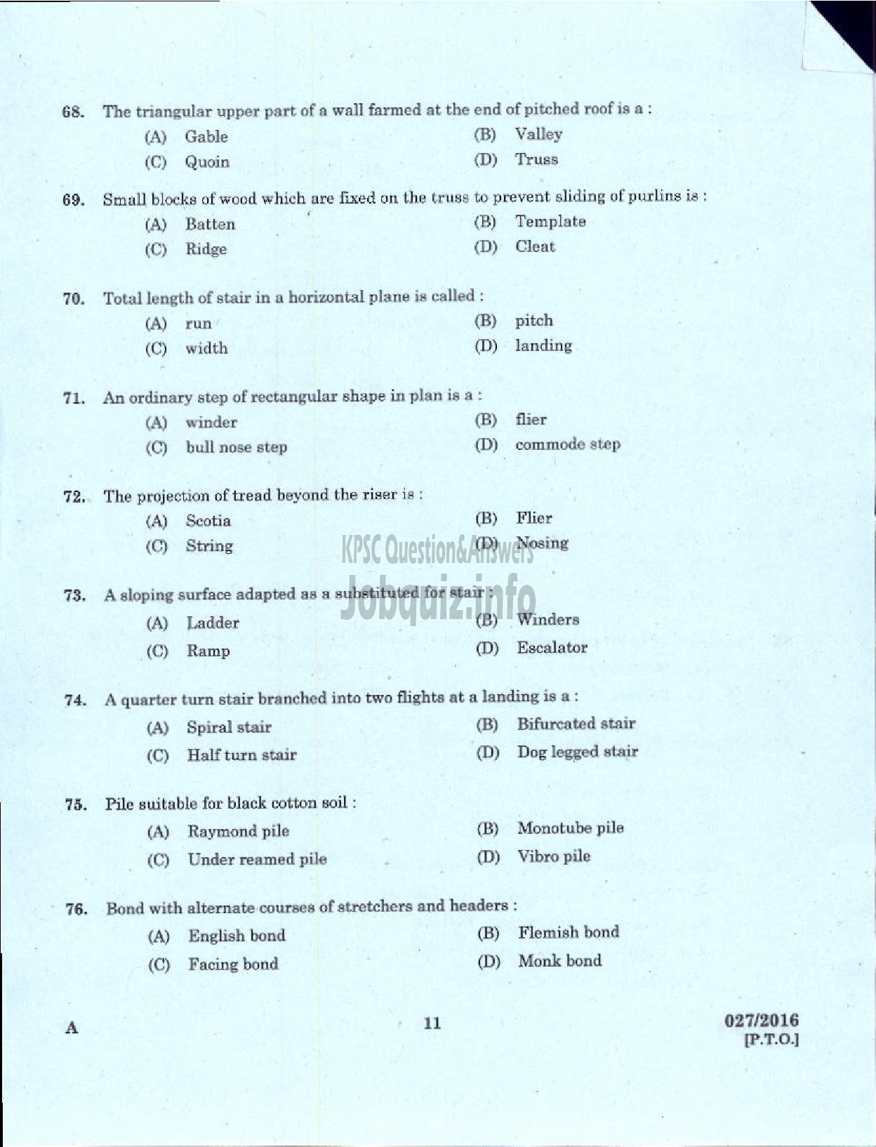 Kerala PSC Question Paper - TRADESMAN CIVIL TECHNICAL EDUCATION-9