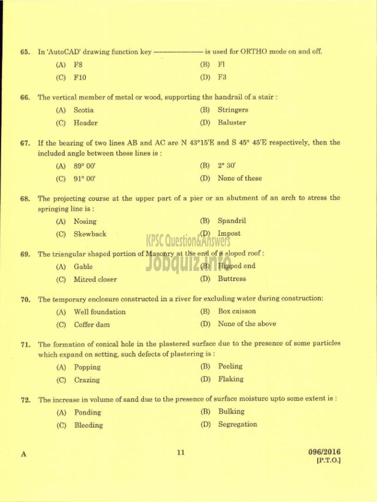 Kerala PSC Question Paper - TRADESMAN CIVIL TECHNICAL EDUCATION-9