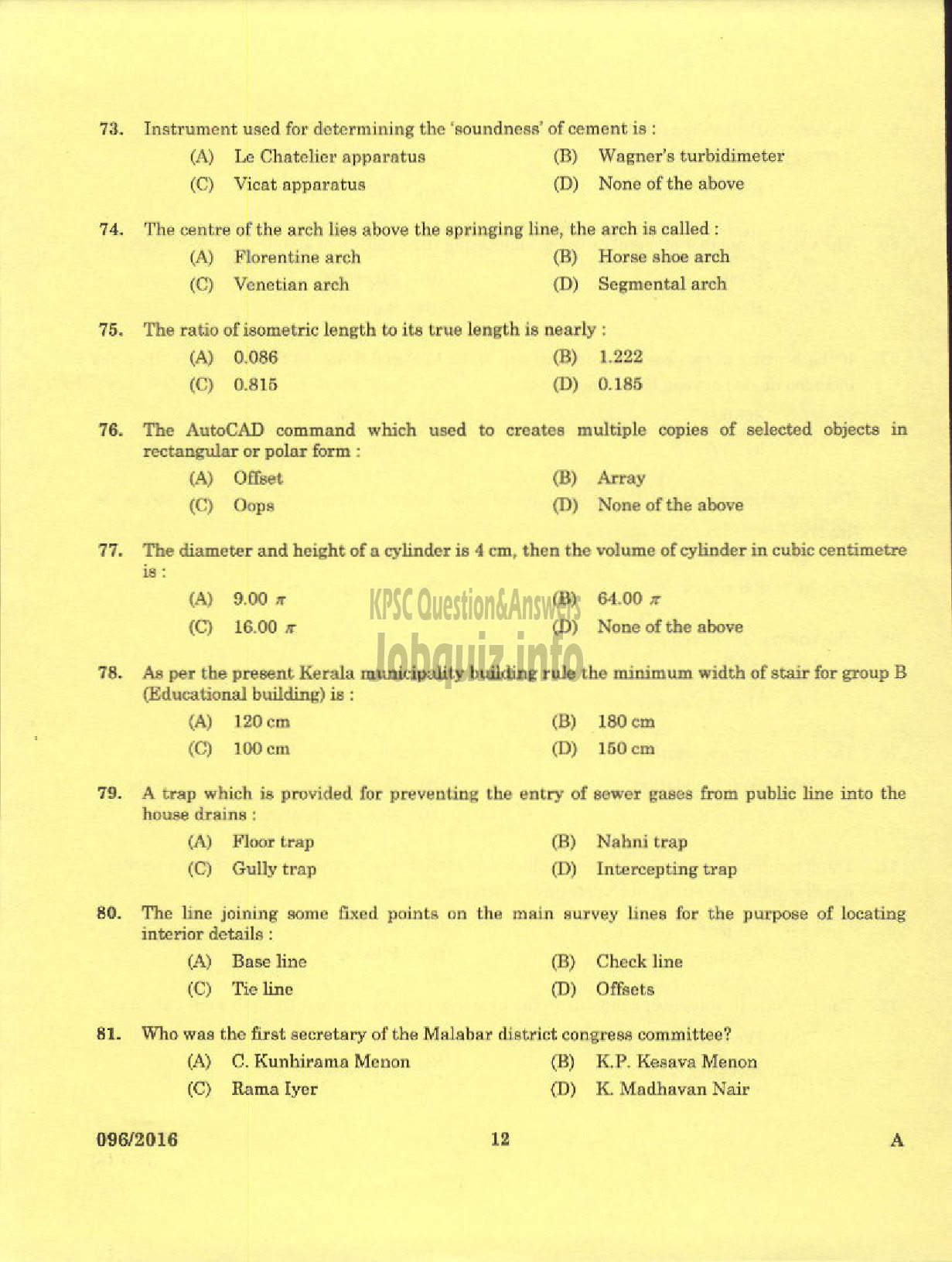 Kerala PSC Question Paper - TRADESMAN CIVIL TECHNICAL EDUCATION-10