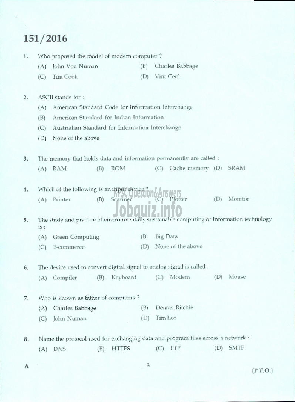 Kerala PSC Question Paper - TRADESMAN COMPUTER ENGINEERING TECHNICAL EDUCATION-1