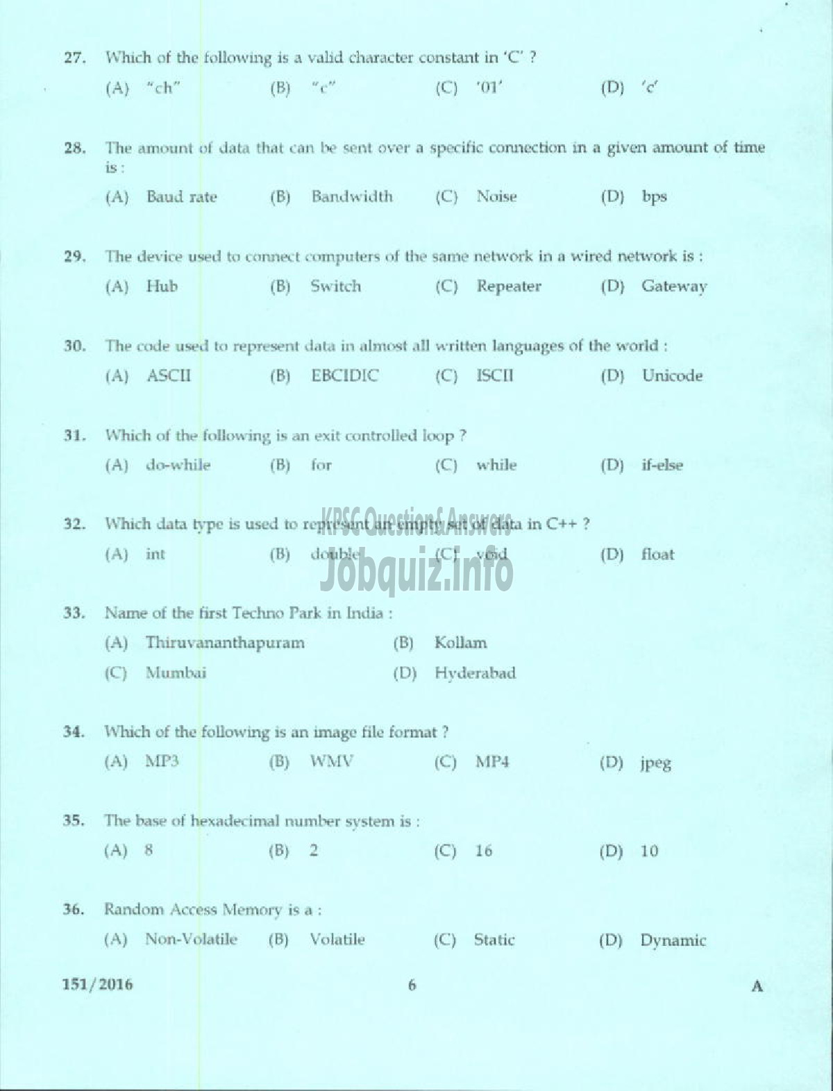 Kerala PSC Question Paper - TRADESMAN COMPUTER ENGINEERING TECHNICAL EDUCATION-4