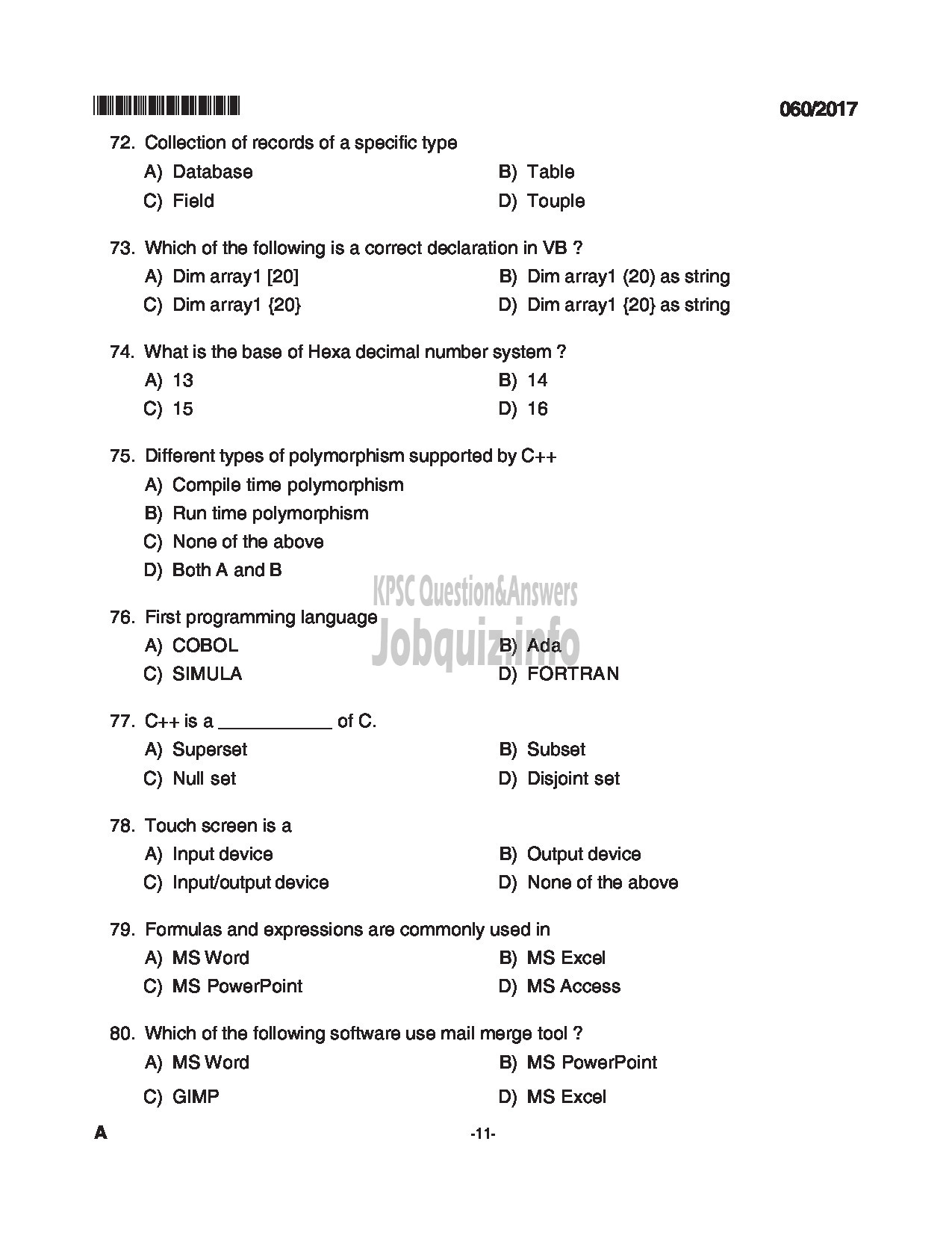 Kerala PSC Question Paper - TRADESMAN COMPUTER ENGINEERING TECHNICAL EDUCATION QUESTION PAPER-11