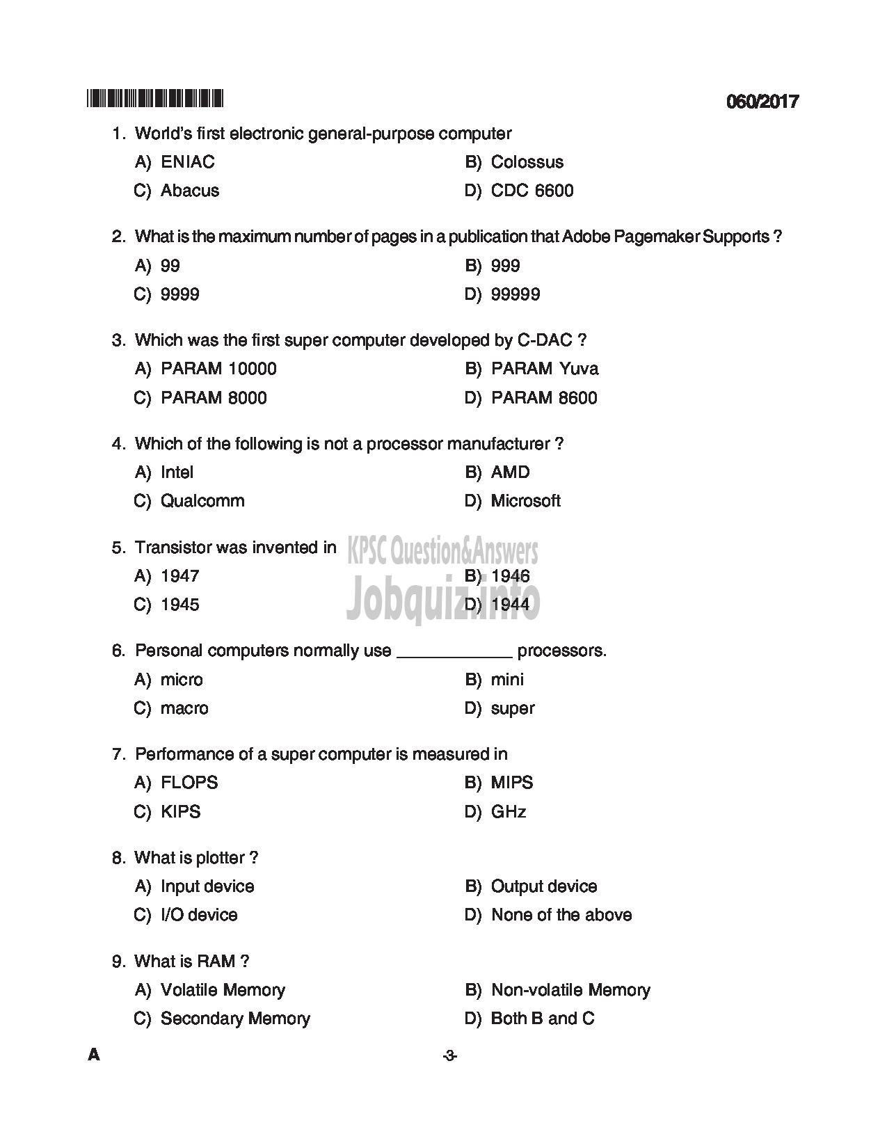 Kerala PSC Question Paper - TRADESMAN COMPUTER ENGINEERING TECHNICAL EDUCATION QUESTION PAPER-3