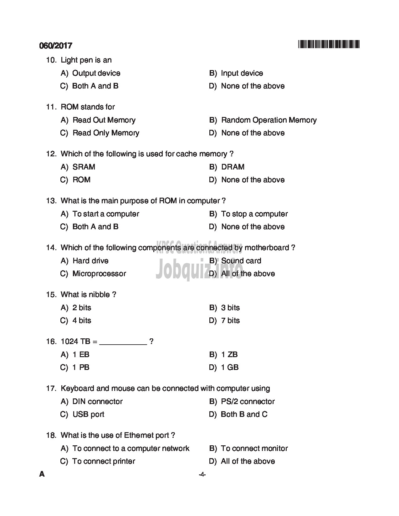 Kerala PSC Question Paper - TRADESMAN COMPUTER ENGINEERING TECHNICAL EDUCATION QUESTION PAPER-4
