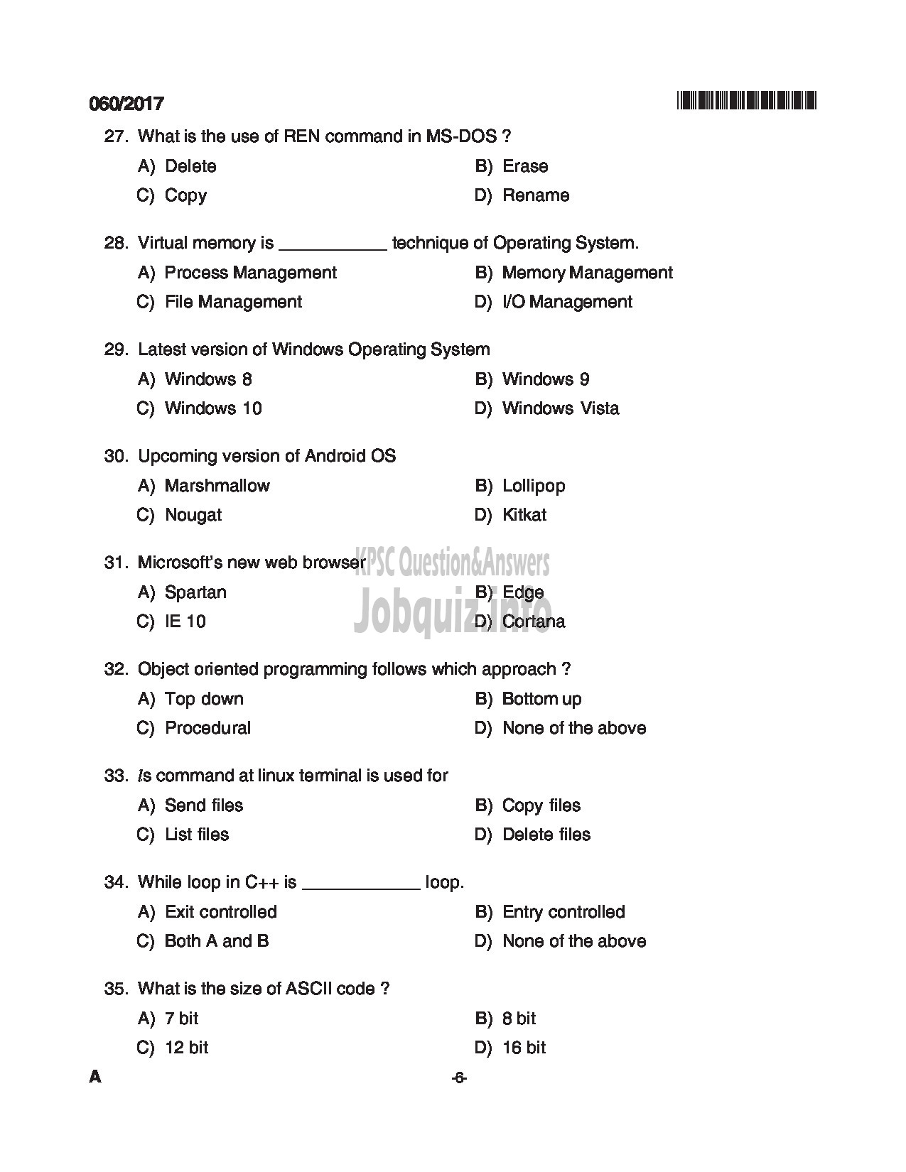 Kerala PSC Question Paper - TRADESMAN COMPUTER ENGINEERING TECHNICAL EDUCATION QUESTION PAPER-6