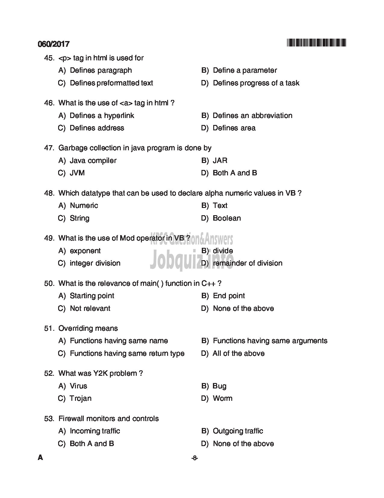 Kerala PSC Question Paper - TRADESMAN COMPUTER ENGINEERING TECHNICAL EDUCATION QUESTION PAPER-8