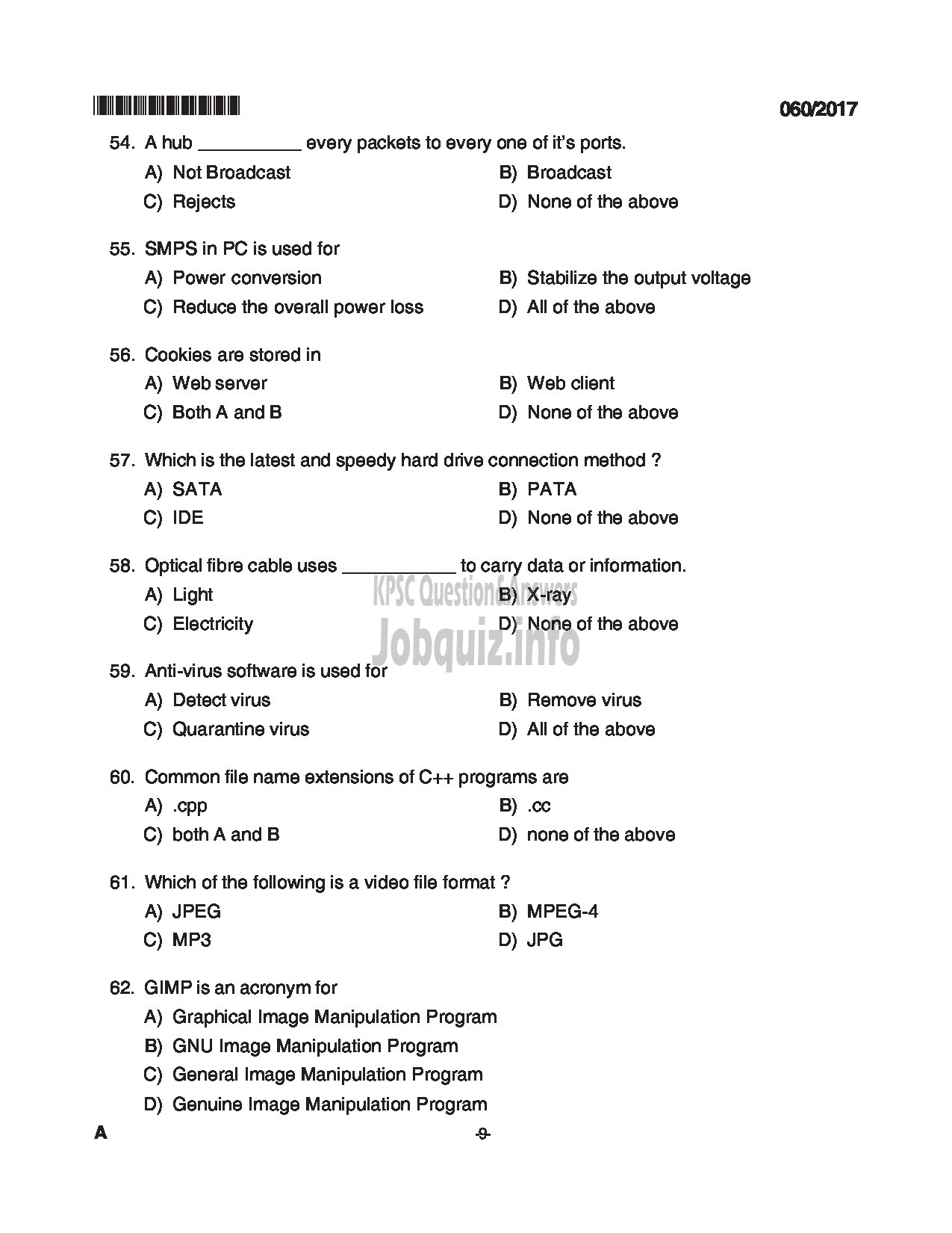 Kerala PSC Question Paper - TRADESMAN COMPUTER ENGINEERING TECHNICAL EDUCATION QUESTION PAPER-9