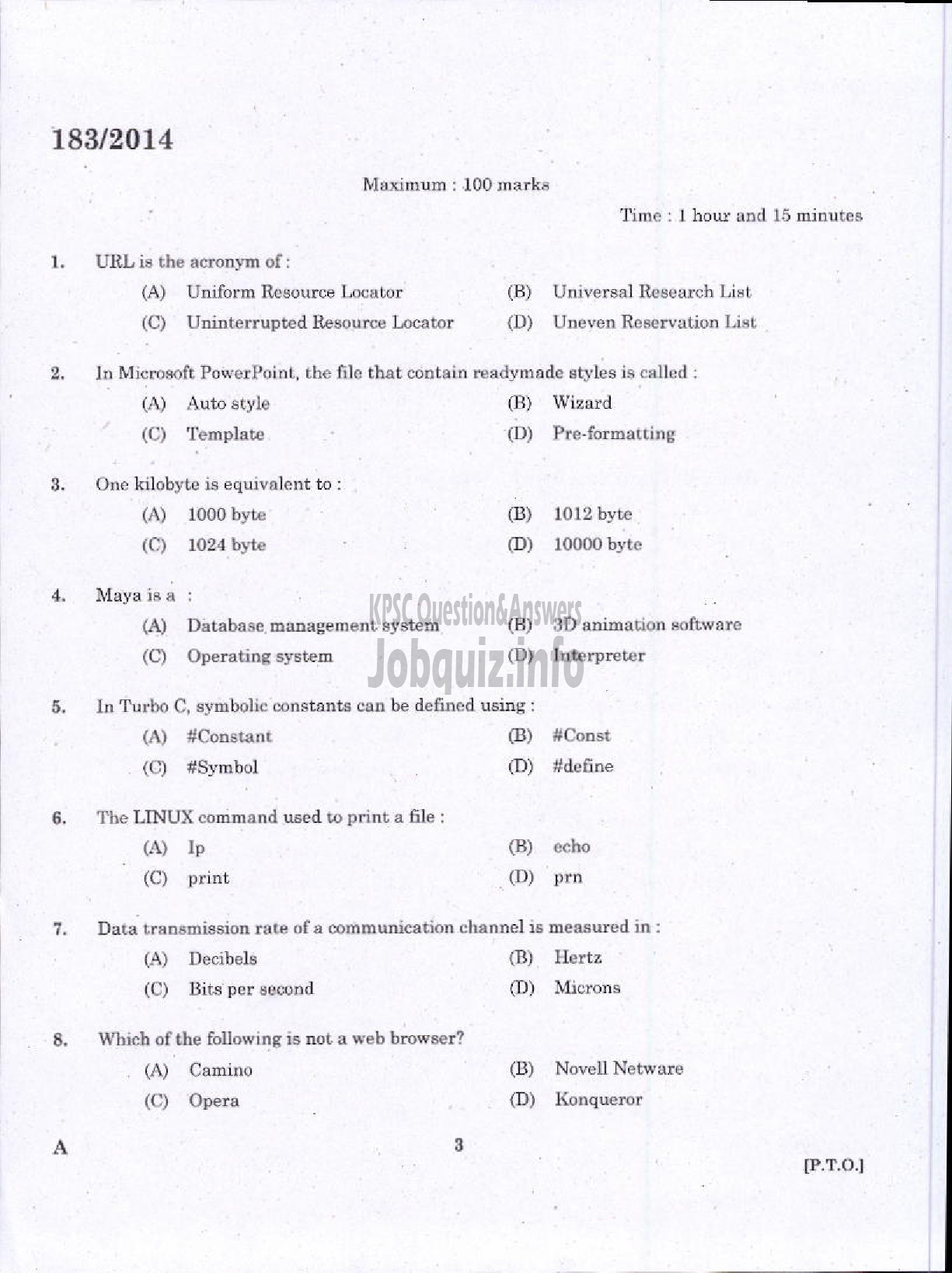 Kerala PSC Question Paper - TRADESMAN COMPUTER ENGINEERING TECHNICAL EDUCATION TVM KGD-1