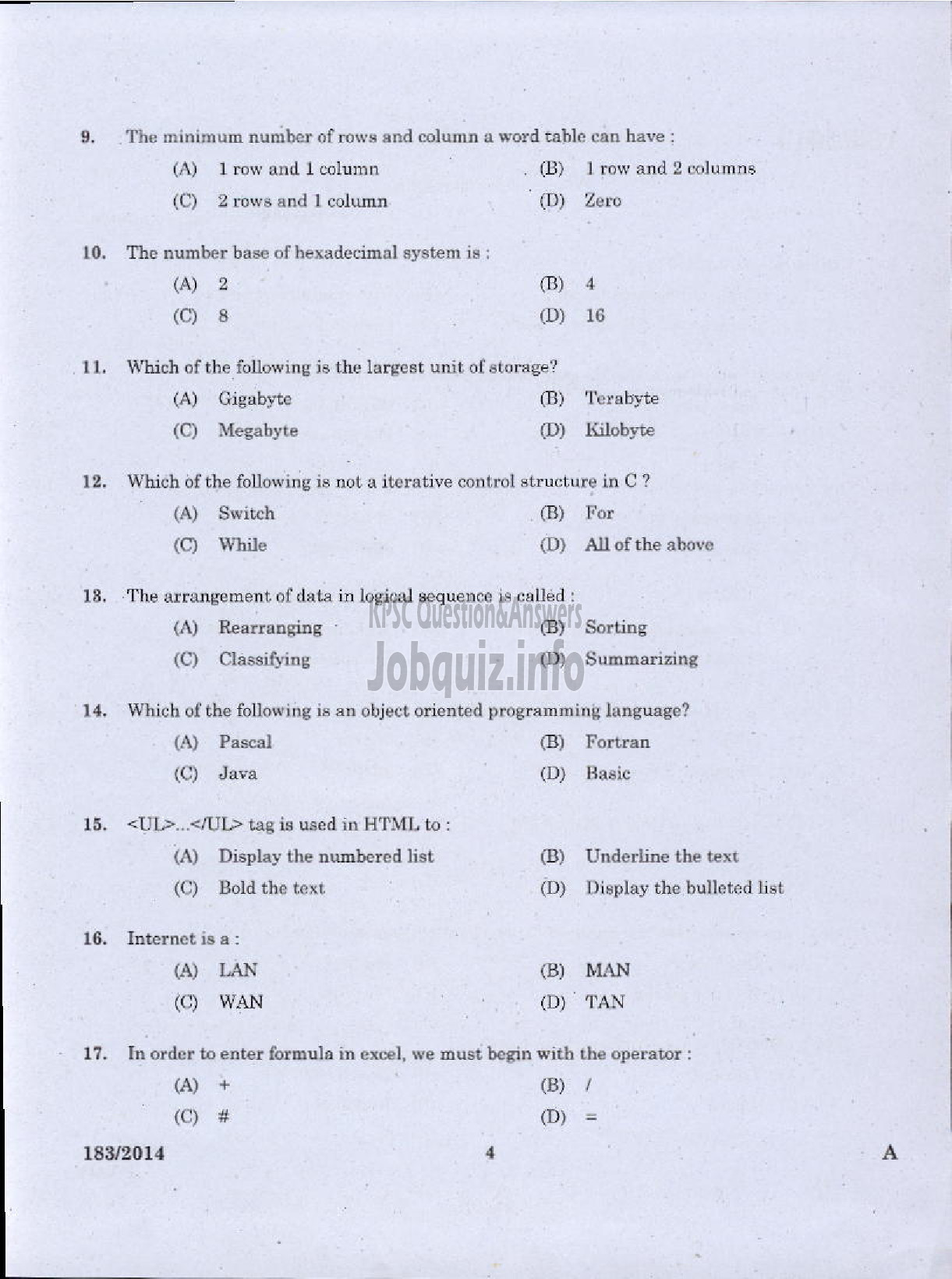 Kerala PSC Question Paper - TRADESMAN COMPUTER ENGINEERING TECHNICAL EDUCATION TVM KGD-2