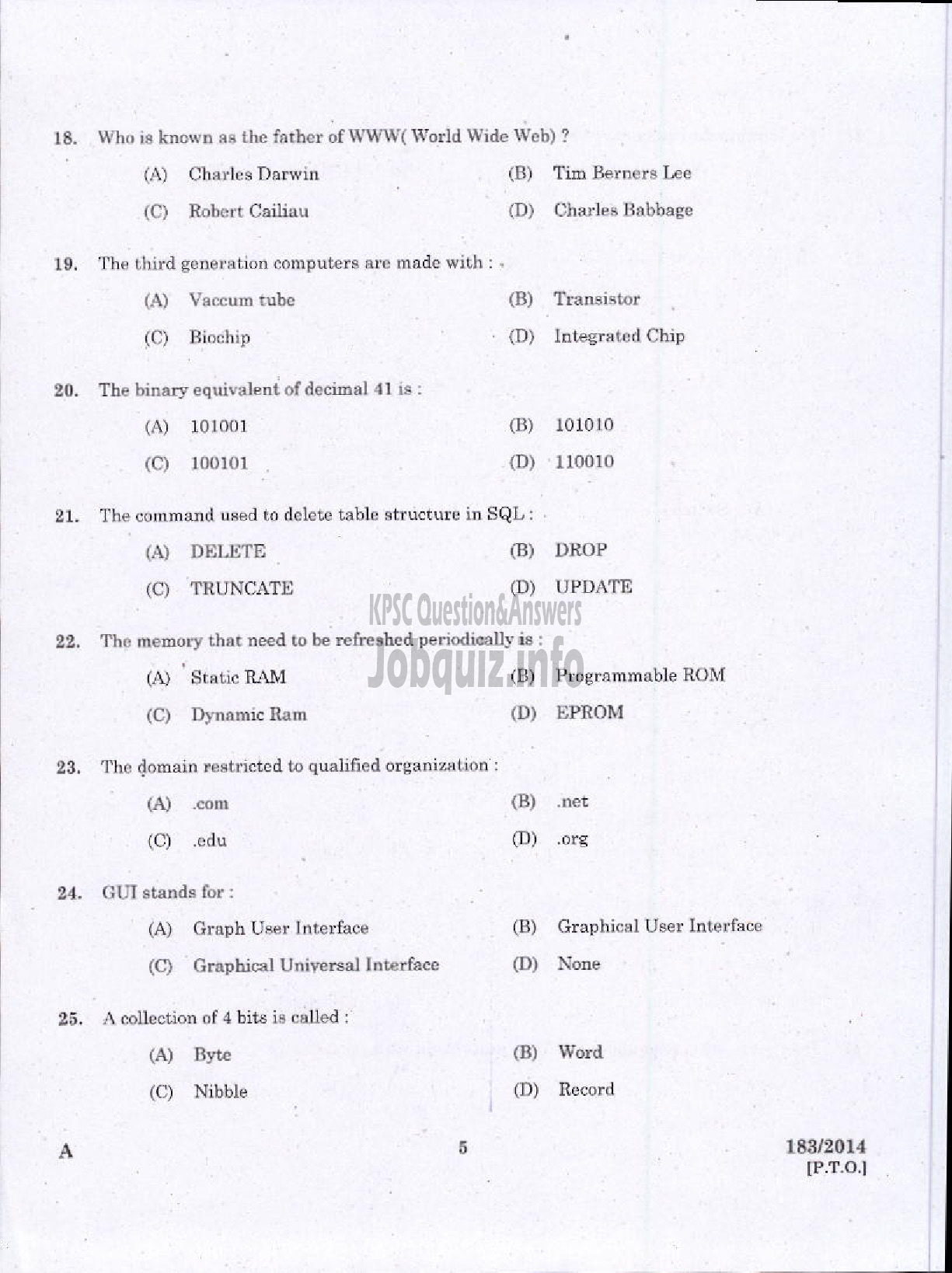 Kerala PSC Question Paper - TRADESMAN COMPUTER ENGINEERING TECHNICAL EDUCATION TVM KGD-3