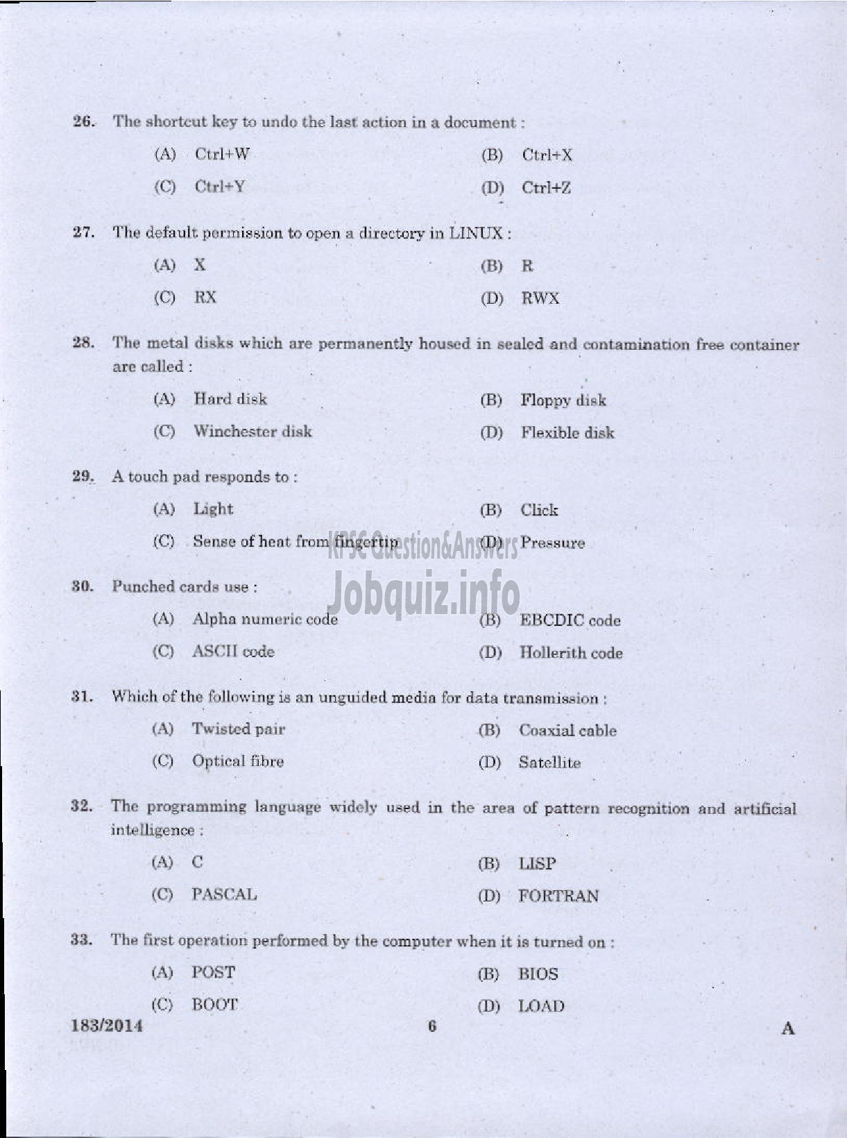 Kerala PSC Question Paper - TRADESMAN COMPUTER ENGINEERING TECHNICAL EDUCATION TVM KGD-4