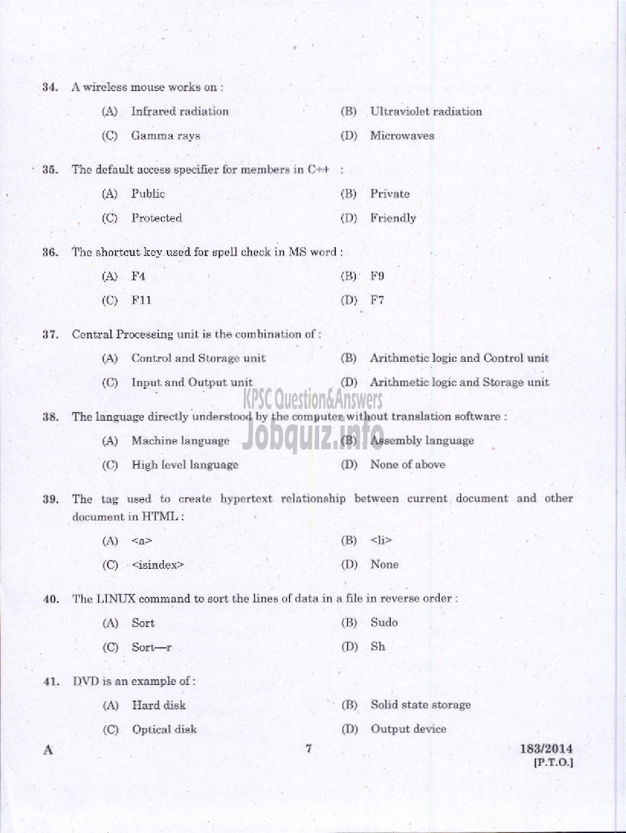 Kerala PSC Question Paper - TRADESMAN COMPUTER ENGINEERING TECHNICAL EDUCATION TVM KGD-5