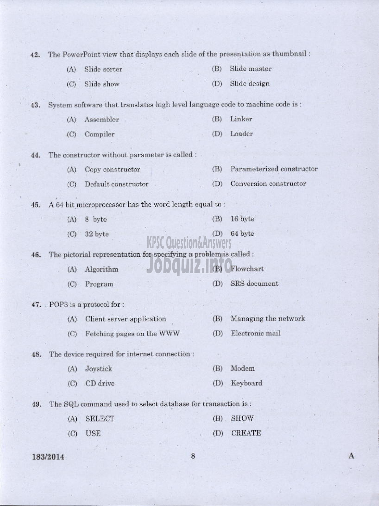 Kerala PSC Question Paper - TRADESMAN COMPUTER ENGINEERING TECHNICAL EDUCATION TVM KGD-6