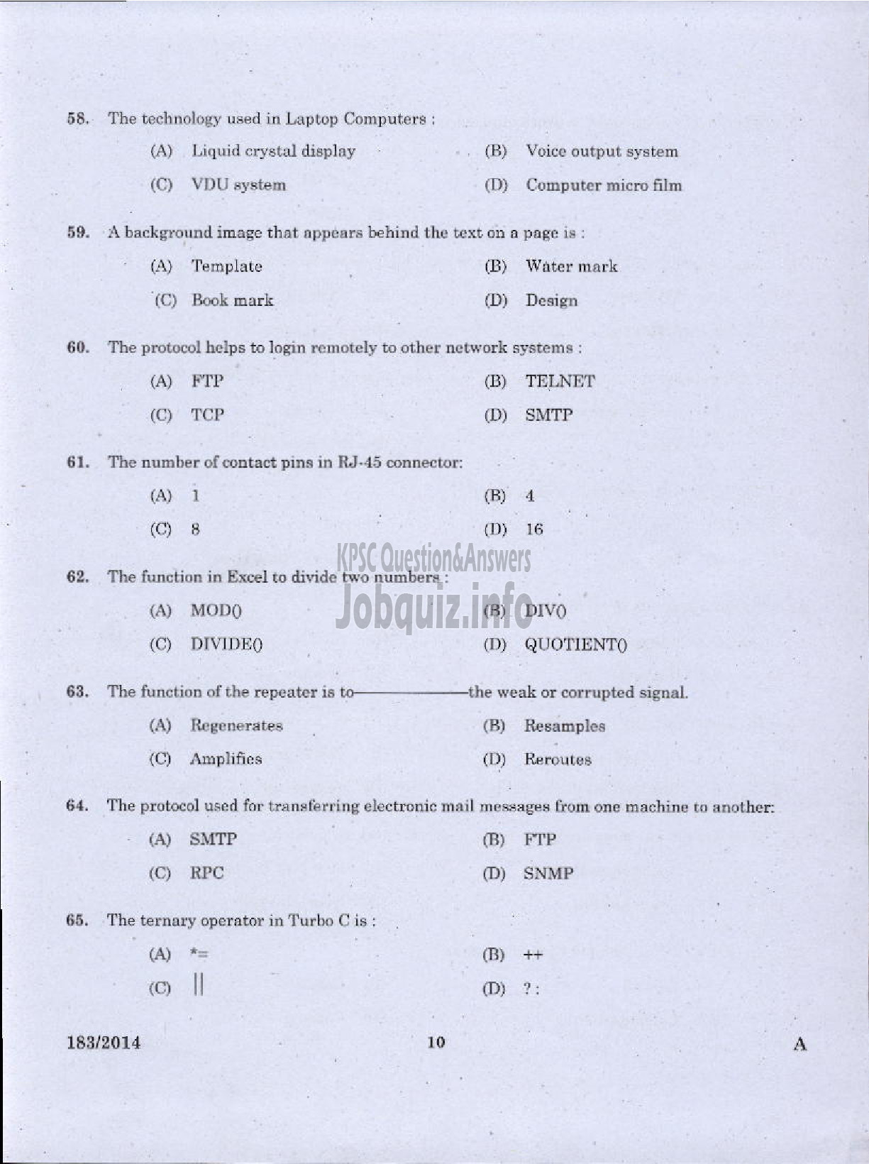 Kerala PSC Question Paper - TRADESMAN COMPUTER ENGINEERING TECHNICAL EDUCATION TVM KGD-8
