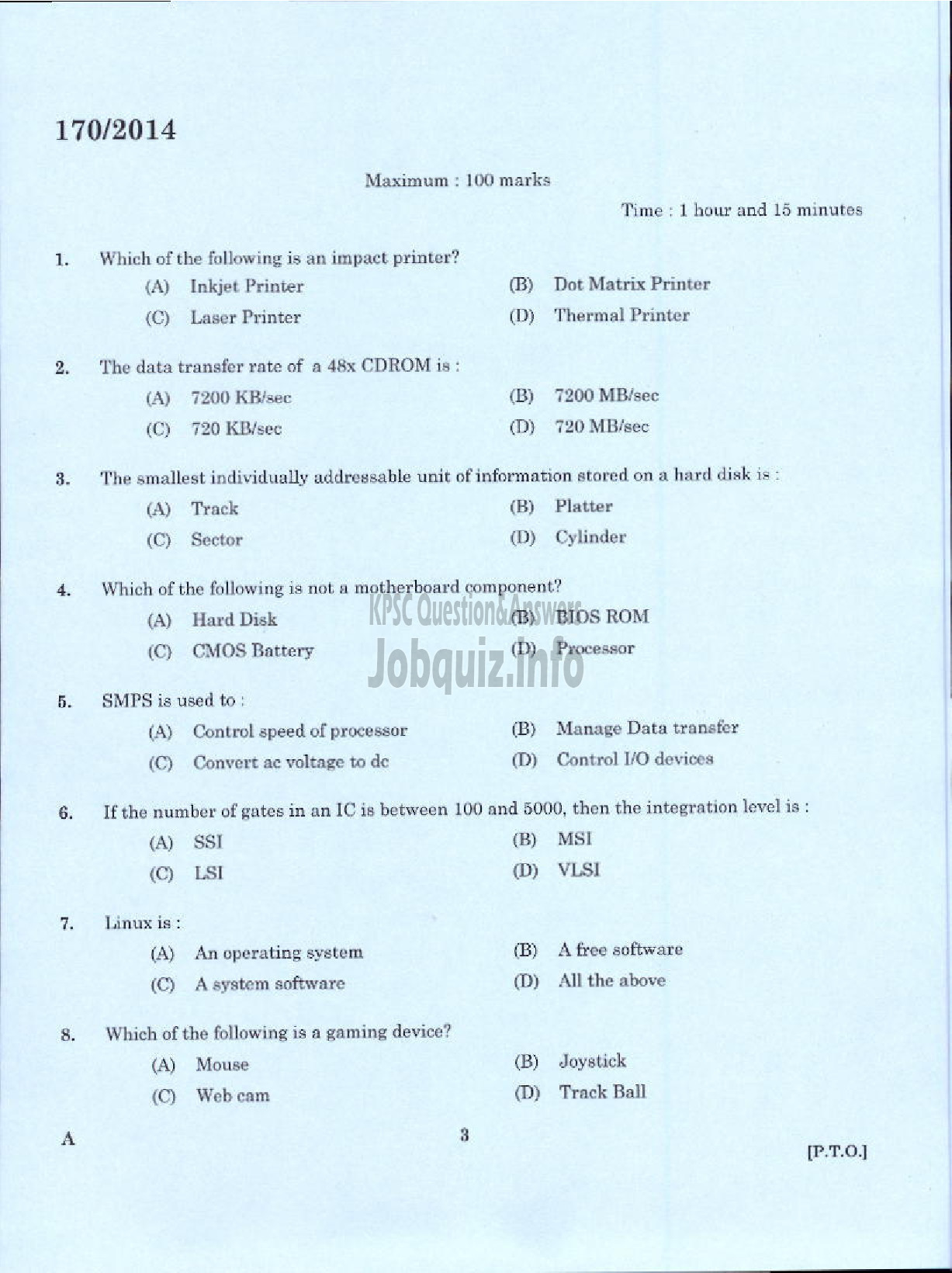 Kerala PSC Question Paper - TRADESMAN COMPUTER HARDWARE MAINTENANCE TECHNICAL EDUCATION TVPM IDK AND PKD-1