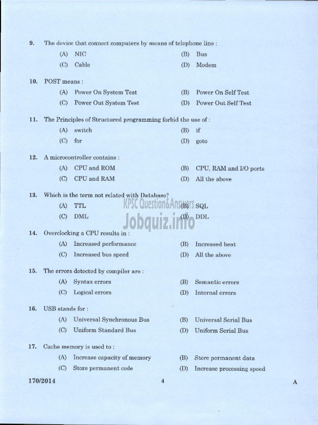 Kerala PSC Question Paper - TRADESMAN COMPUTER HARDWARE MAINTENANCE TECHNICAL EDUCATION TVPM IDK AND PKD-2