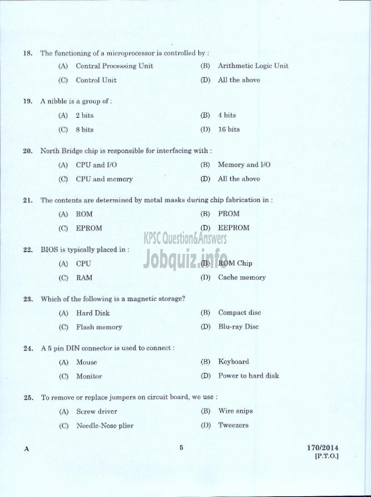 Kerala PSC Question Paper - TRADESMAN COMPUTER HARDWARE MAINTENANCE TECHNICAL EDUCATION TVPM IDK AND PKD-3