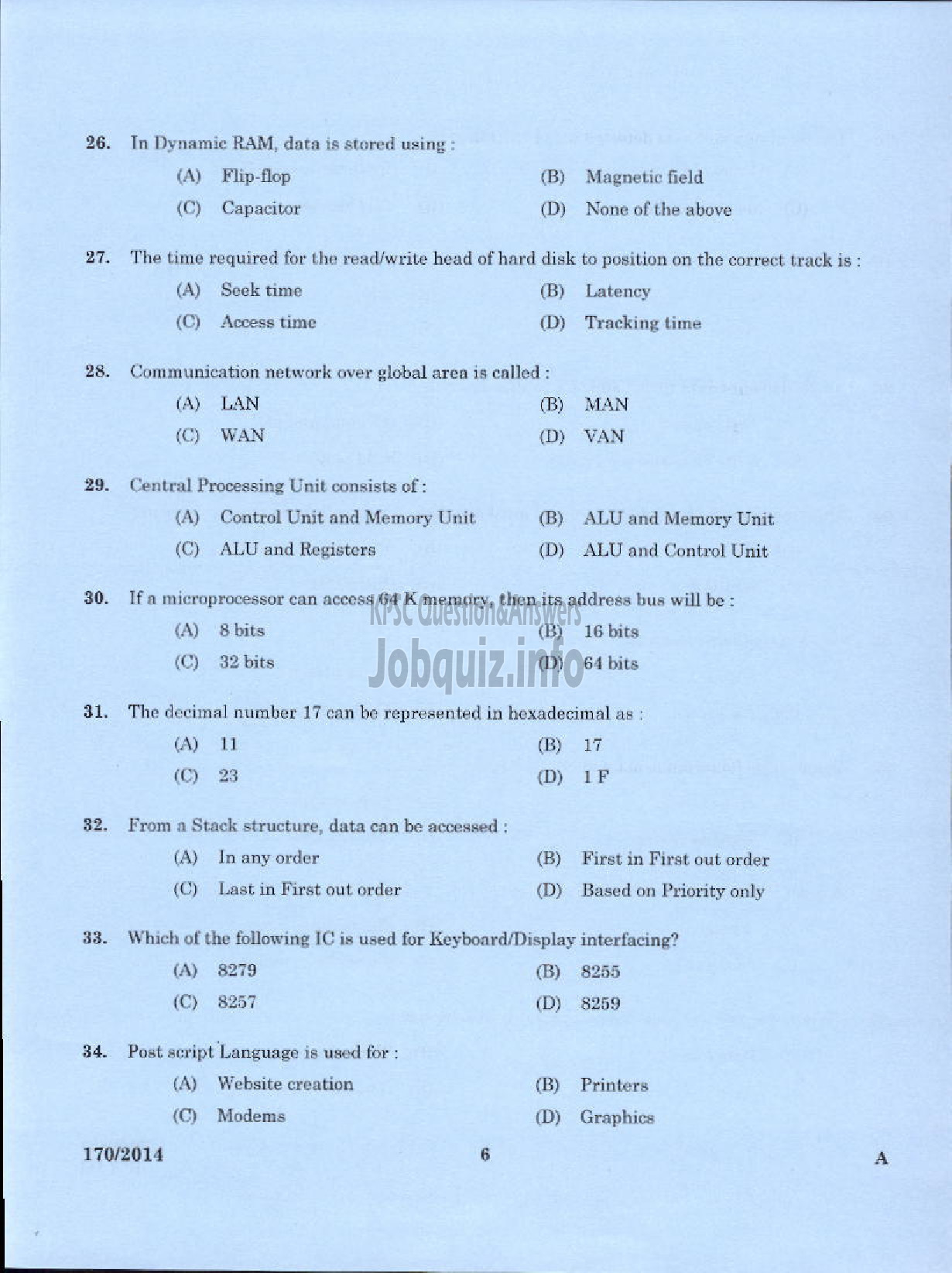 Kerala PSC Question Paper - TRADESMAN COMPUTER HARDWARE MAINTENANCE TECHNICAL EDUCATION TVPM IDK AND PKD-4