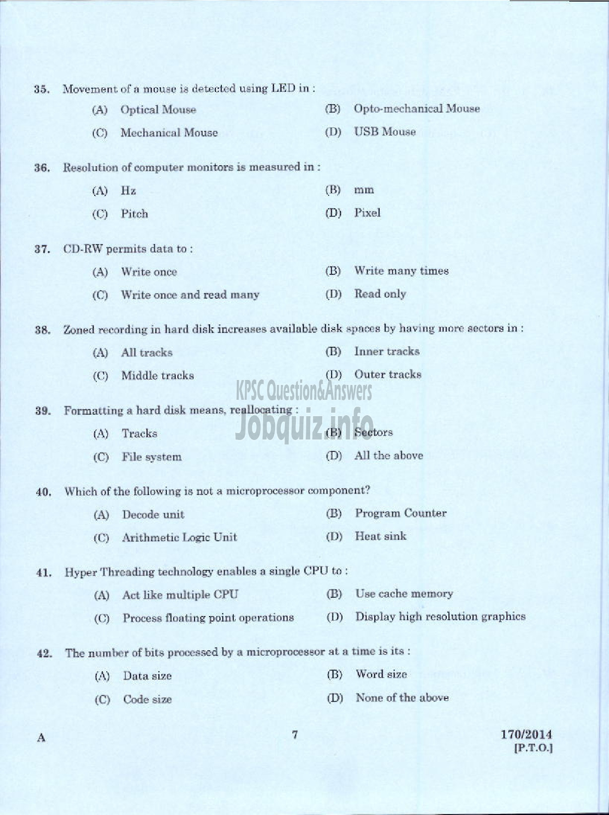 Kerala PSC Question Paper - TRADESMAN COMPUTER HARDWARE MAINTENANCE TECHNICAL EDUCATION TVPM IDK AND PKD-5