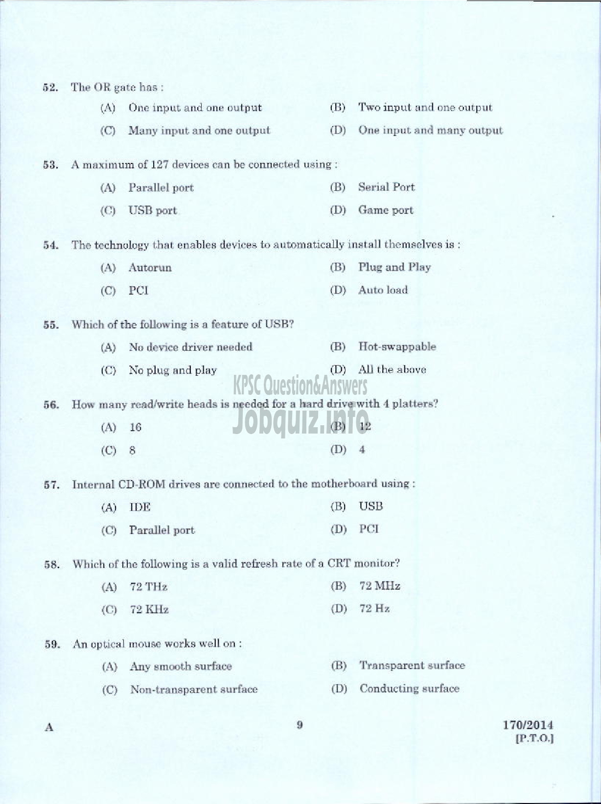 Kerala PSC Question Paper - TRADESMAN COMPUTER HARDWARE MAINTENANCE TECHNICAL EDUCATION TVPM IDK AND PKD-7