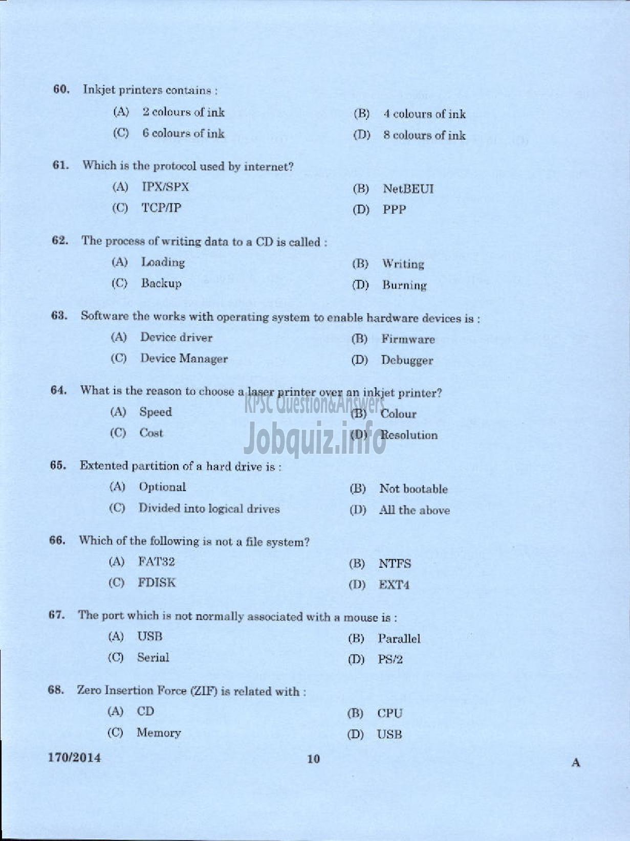 Kerala PSC Question Paper - TRADESMAN COMPUTER HARDWARE MAINTENANCE TECHNICAL EDUCATION TVPM IDK AND PKD-8