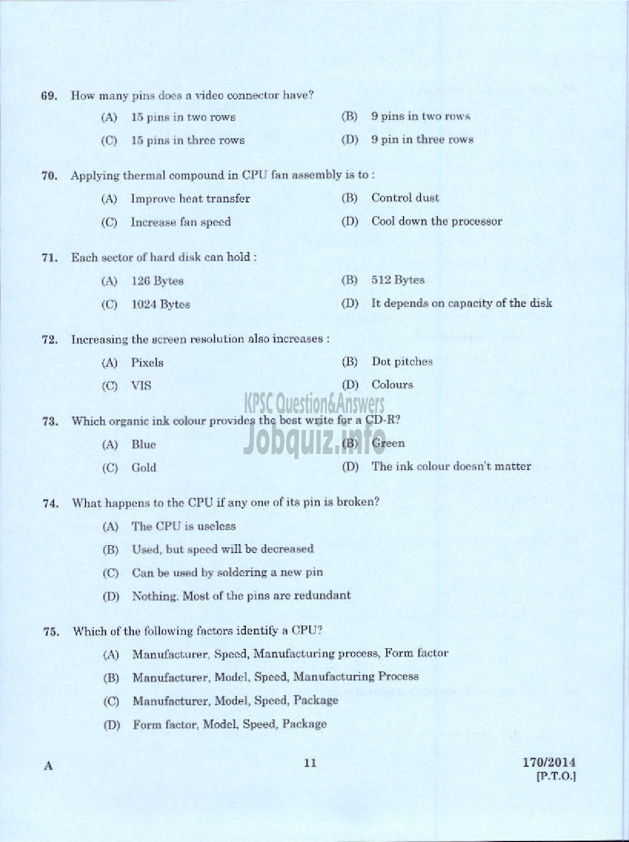 Kerala PSC Question Paper - TRADESMAN COMPUTER HARDWARE MAINTENANCE TECHNICAL EDUCATION TVPM IDK AND PKD-9