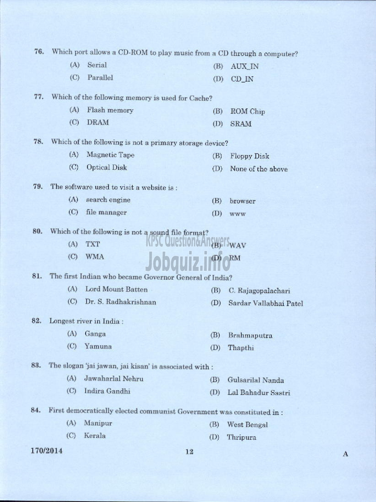 Kerala PSC Question Paper - TRADESMAN COMPUTER HARDWARE MAINTENANCE TECHNICAL EDUCATION TVPM IDK AND PKD-10