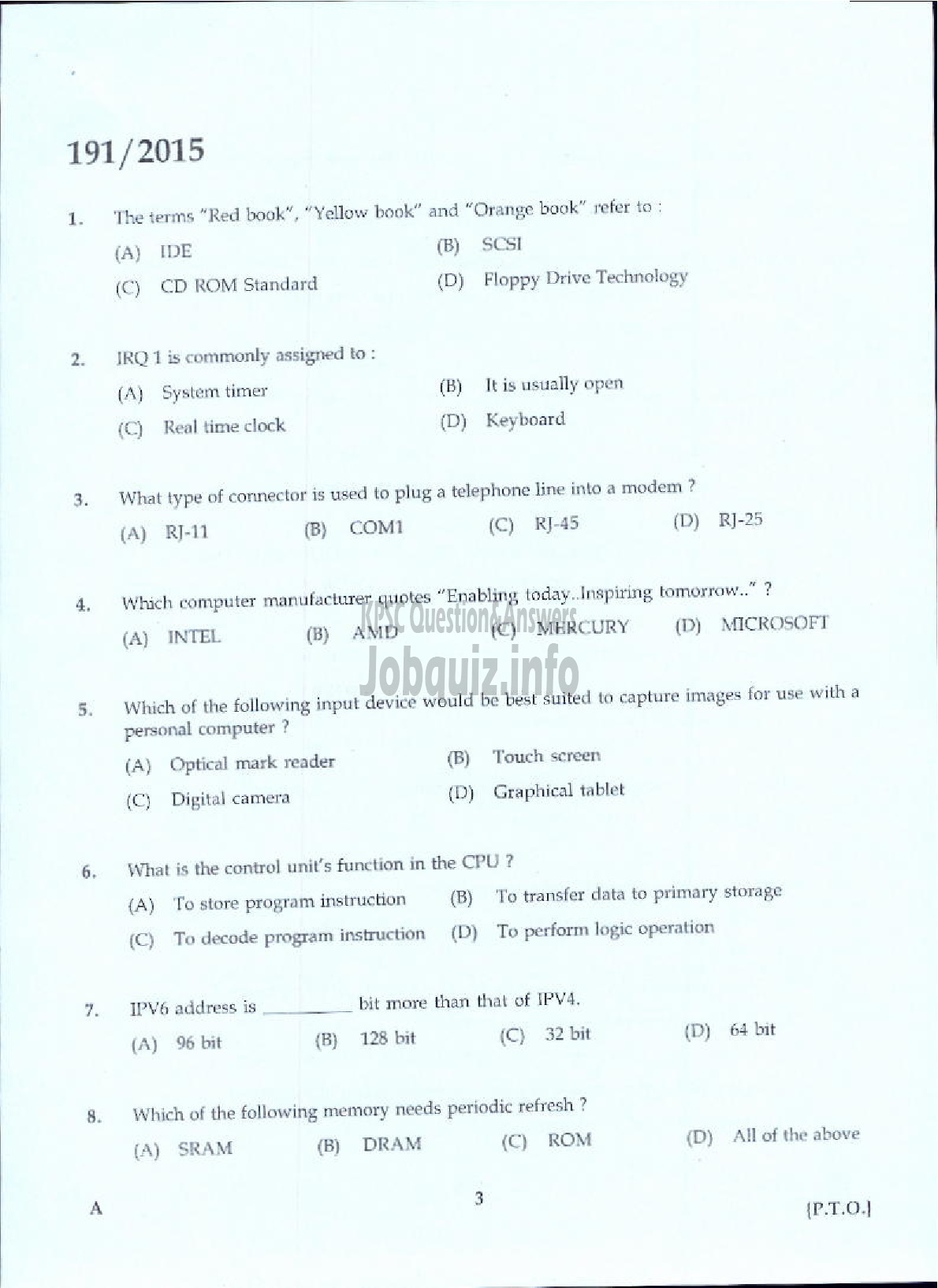 Kerala PSC Question Paper - TRADESMAN COMPUTER HARD WARE MAINTENANCE TECHNICAL EDUCATION-1