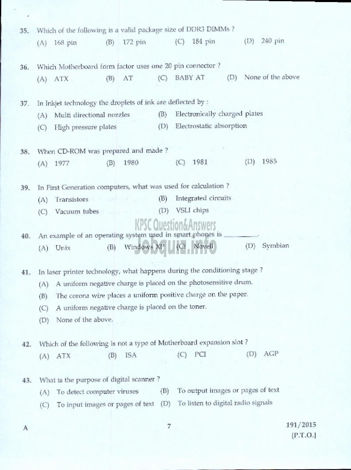 Kerala PSC Question Paper - TRADESMAN COMPUTER HARD WARE MAINTENANCE TECHNICAL EDUCATION-3