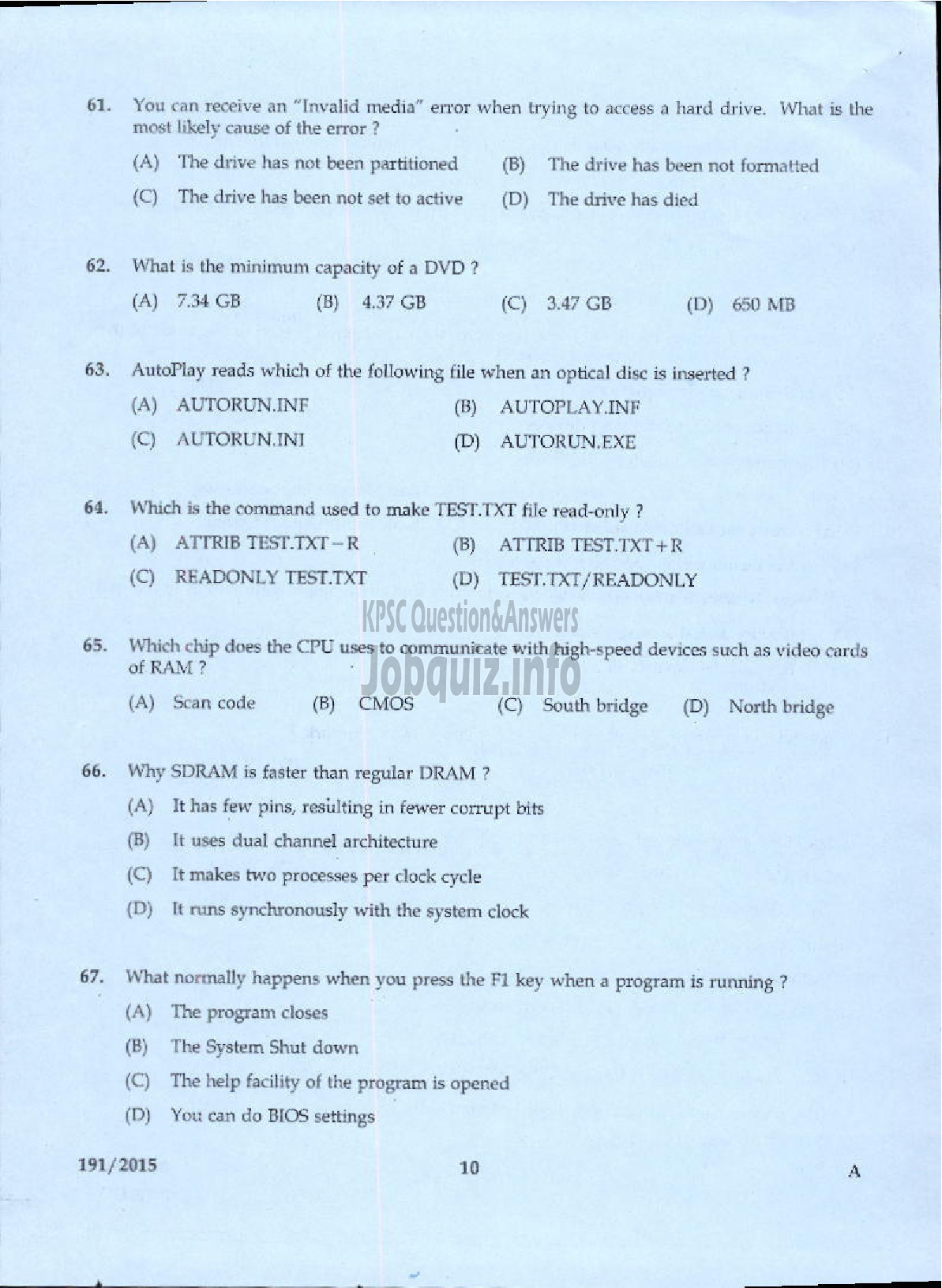Kerala PSC Question Paper - TRADESMAN COMPUTER HARD WARE MAINTENANCE TECHNICAL EDUCATION-6
