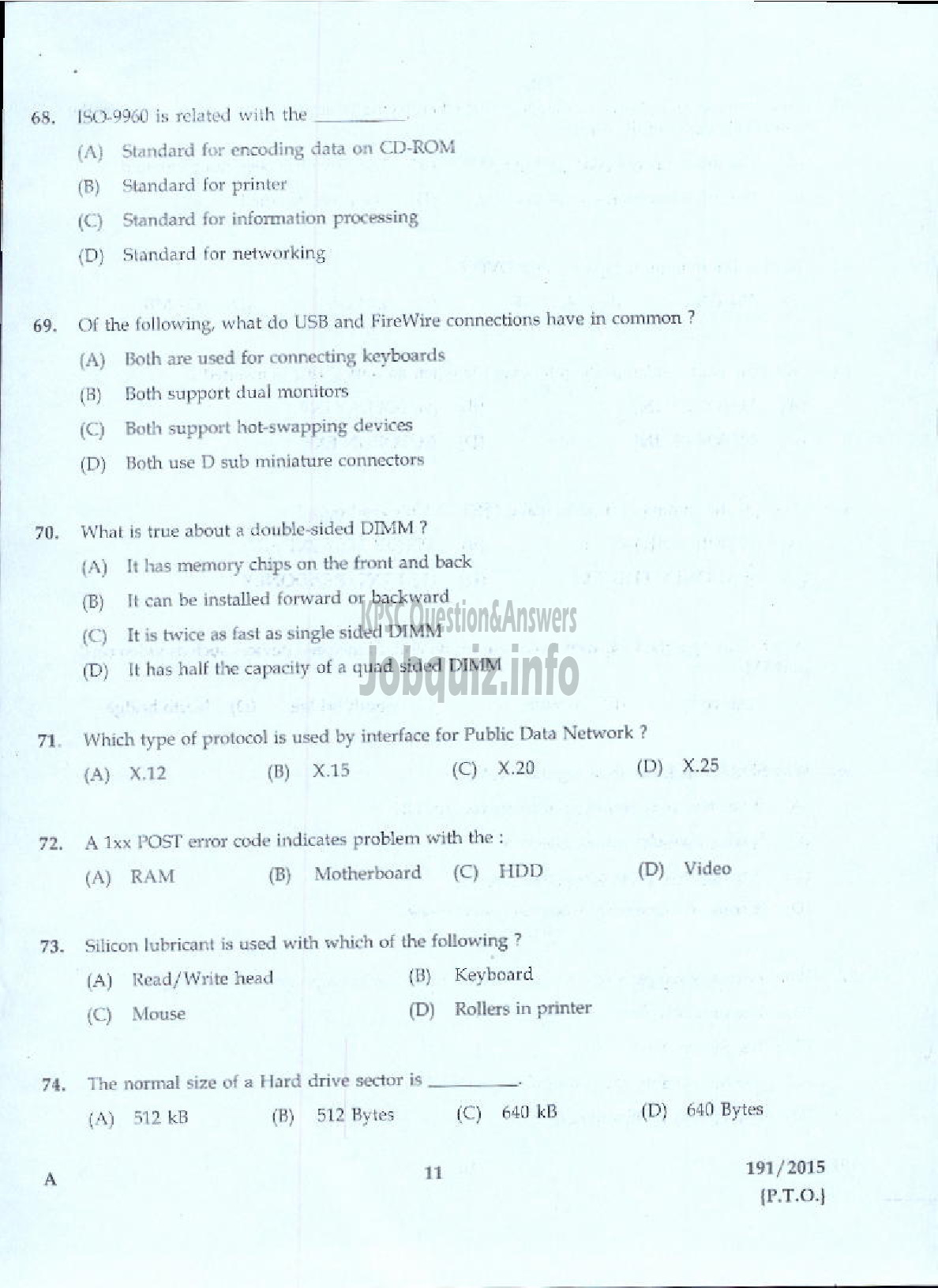 Kerala PSC Question Paper - TRADESMAN COMPUTER HARD WARE MAINTENANCE TECHNICAL EDUCATION-7