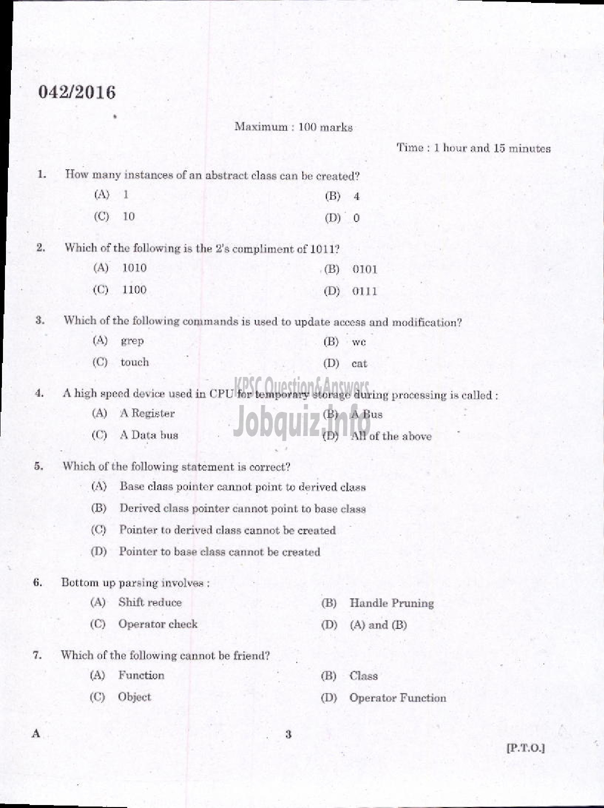 Kerala PSC Question Paper - TRADESMAN COMPUTER TECHNICAL EDUCATION-1