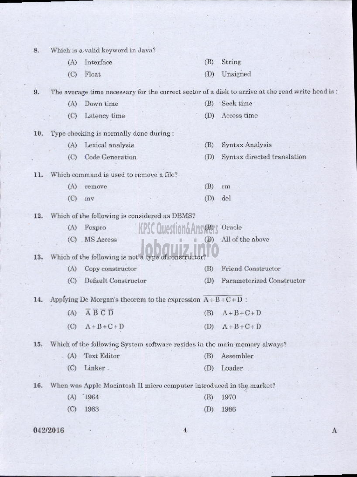 Kerala PSC Question Paper - TRADESMAN COMPUTER TECHNICAL EDUCATION-2