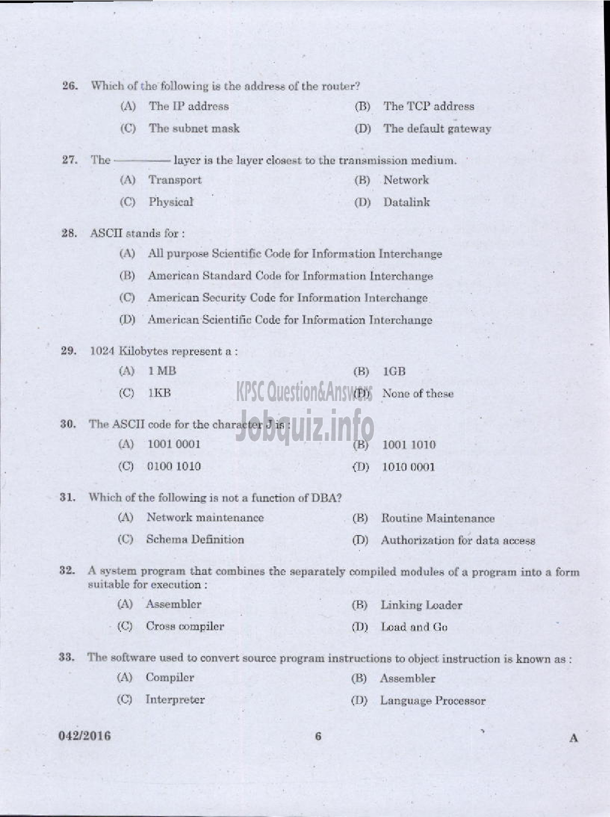 Kerala PSC Question Paper - TRADESMAN COMPUTER TECHNICAL EDUCATION-4