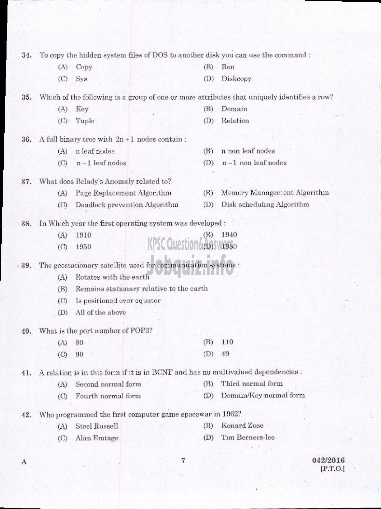 Kerala PSC Question Paper - TRADESMAN COMPUTER TECHNICAL EDUCATION-5