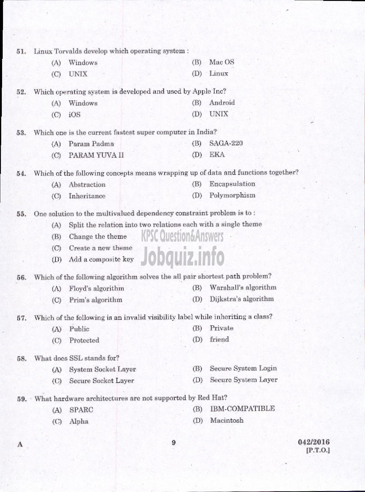 Kerala PSC Question Paper - TRADESMAN COMPUTER TECHNICAL EDUCATION-7