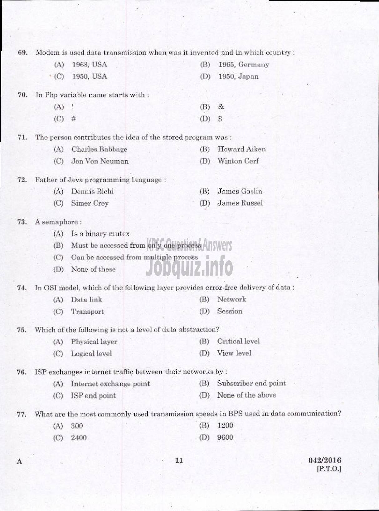 Kerala PSC Question Paper - TRADESMAN COMPUTER TECHNICAL EDUCATION-9