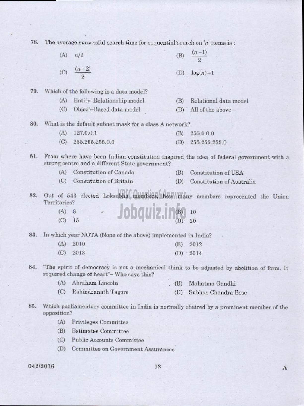 Kerala PSC Question Paper - TRADESMAN COMPUTER TECHNICAL EDUCATION-10