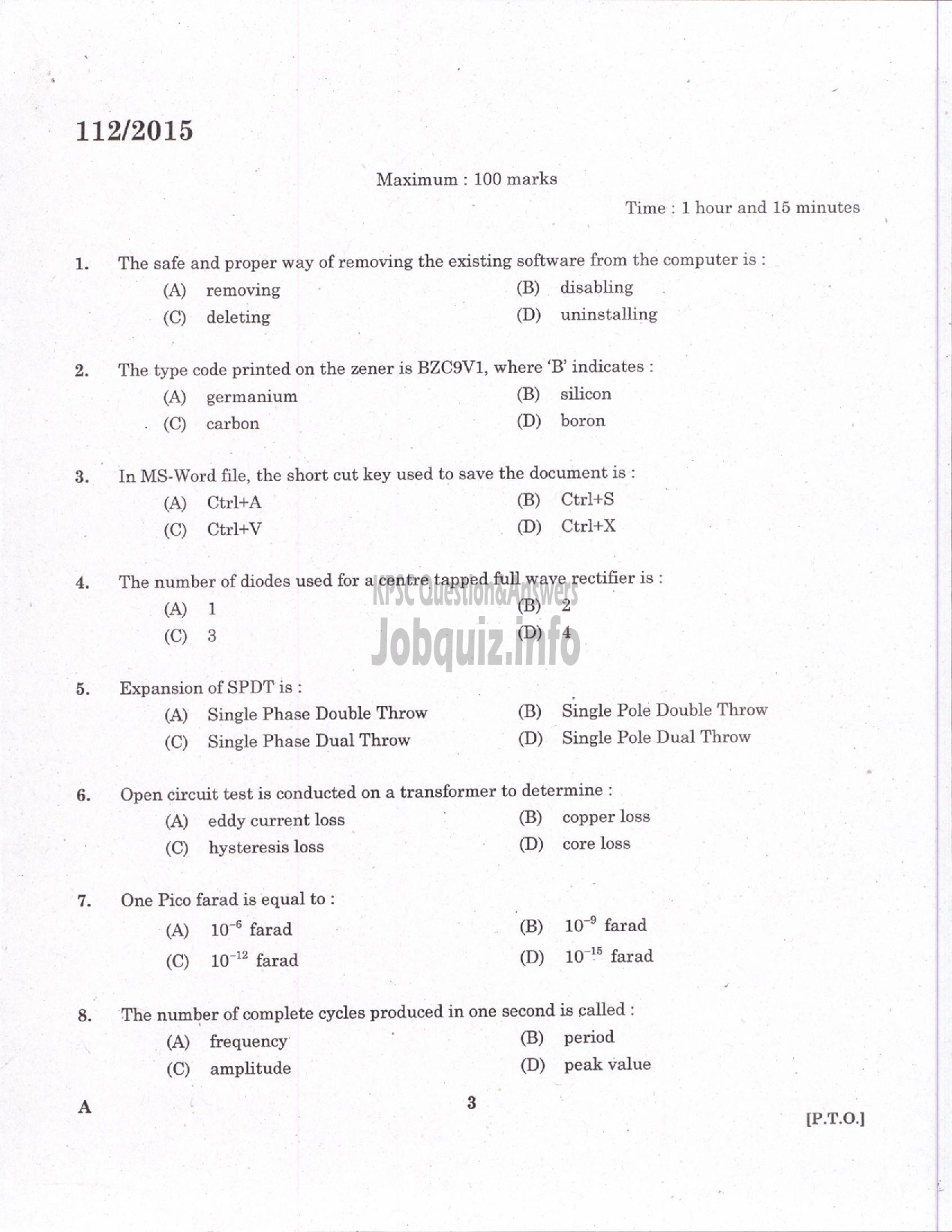 Kerala PSC Question Paper - TRADESMAN ELECTRICAL TECHNICAL EDUCATION/ELECTRICIAN GROUND WATER /ELECTRICIAN GR II PRINTING GOVT PRESSES ELECTRICIAN AGRICULTURE /ELECTRICIAN GR II THE KERALA CERAMICS LTD-1