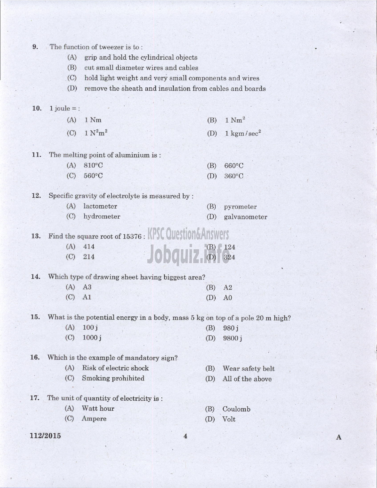 Kerala PSC Question Paper - TRADESMAN ELECTRICAL TECHNICAL EDUCATION/ELECTRICIAN GROUND WATER /ELECTRICIAN GR II PRINTING GOVT PRESSES ELECTRICIAN AGRICULTURE /ELECTRICIAN GR II THE KERALA CERAMICS LTD-2