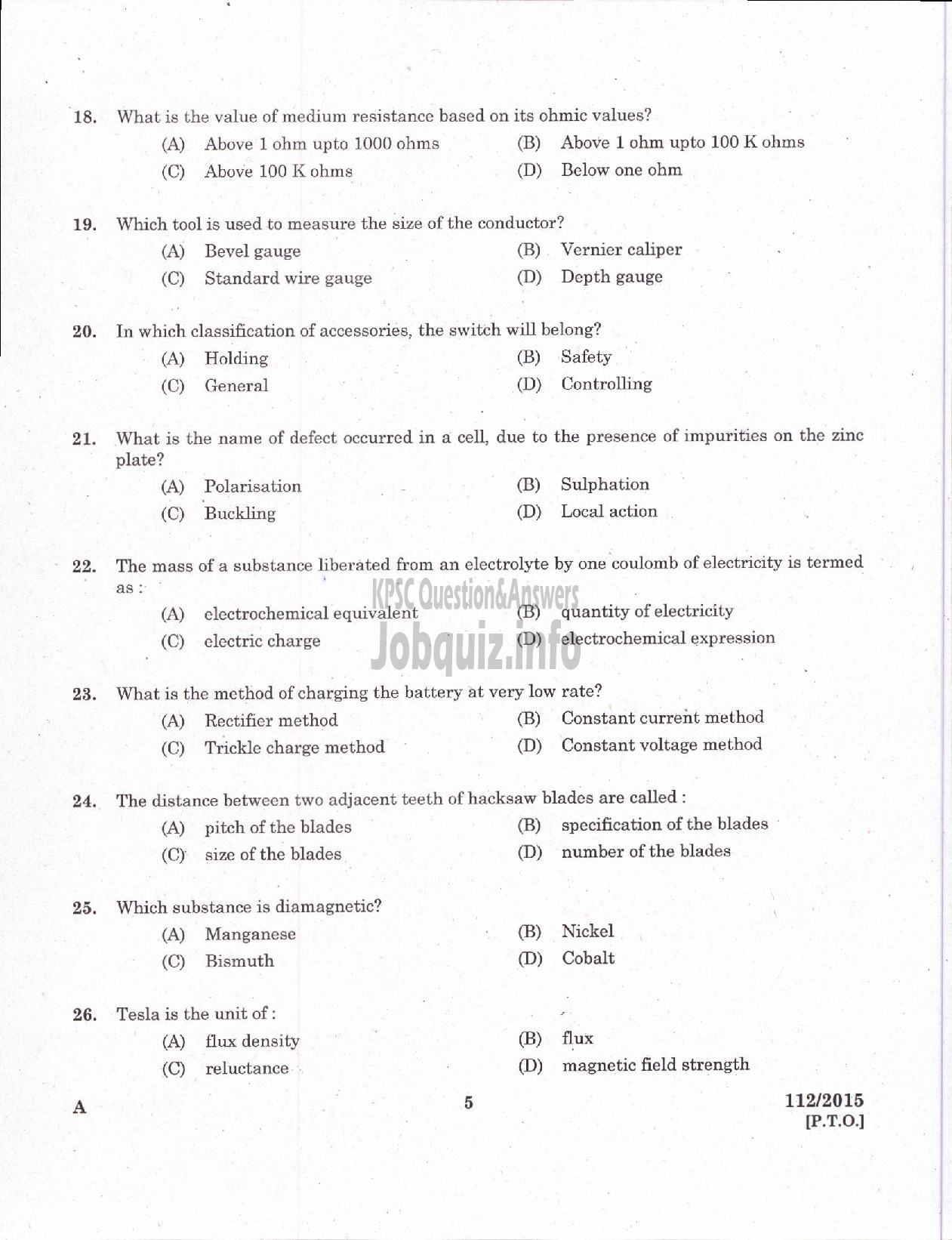 Kerala PSC Question Paper - TRADESMAN ELECTRICAL TECHNICAL EDUCATION/ELECTRICIAN GROUND WATER /ELECTRICIAN GR II PRINTING GOVT PRESSES ELECTRICIAN AGRICULTURE /ELECTRICIAN GR II THE KERALA CERAMICS LTD-3