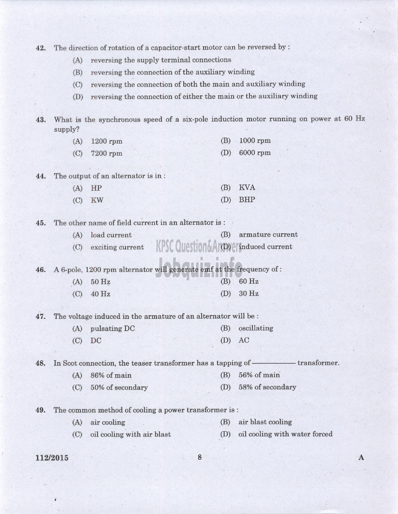 Kerala PSC Question Paper - TRADESMAN ELECTRICAL TECHNICAL EDUCATION/ELECTRICIAN GROUND WATER /ELECTRICIAN GR II PRINTING GOVT PRESSES ELECTRICIAN AGRICULTURE /ELECTRICIAN GR II THE KERALA CERAMICS LTD-6