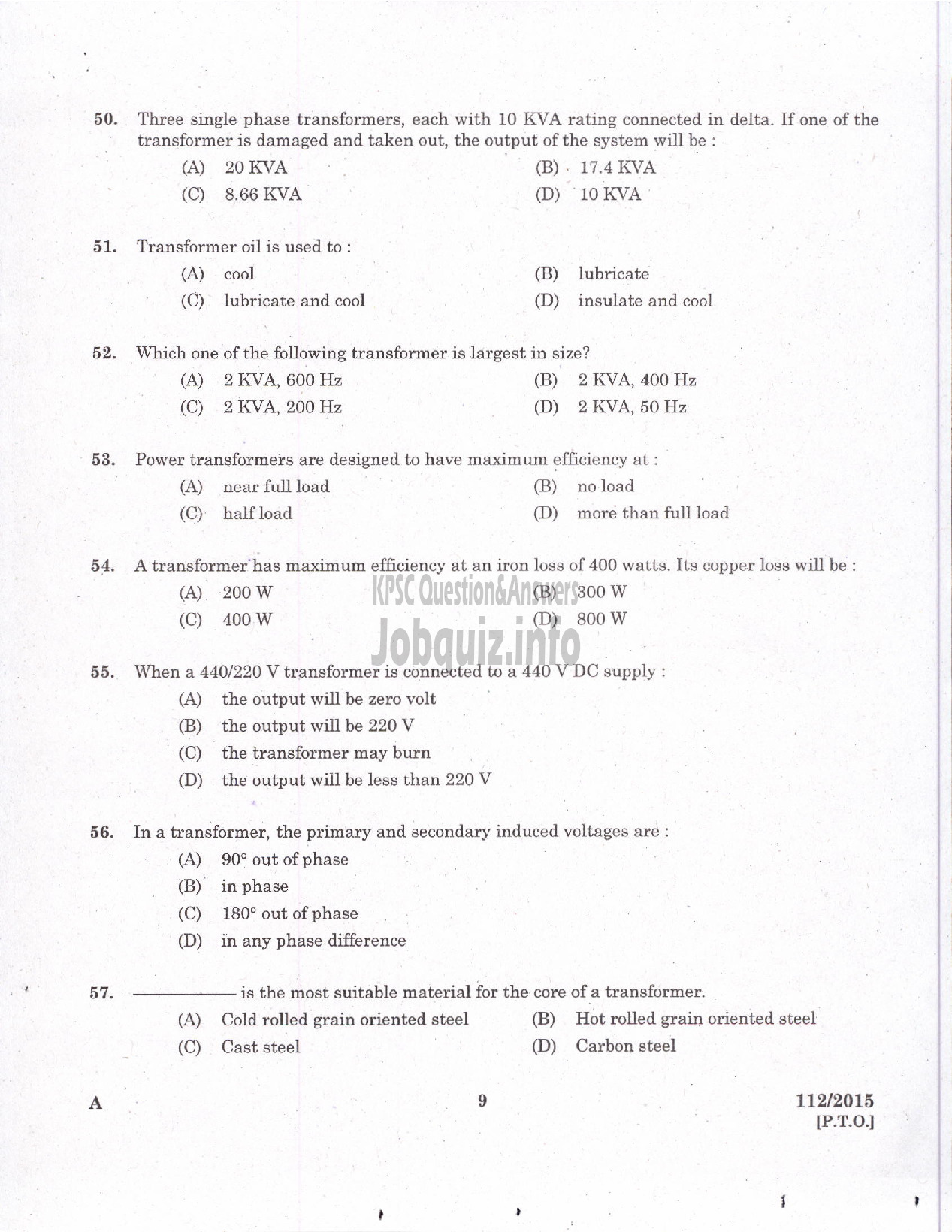Kerala PSC Question Paper - TRADESMAN ELECTRICAL TECHNICAL EDUCATION/ELECTRICIAN GROUND WATER /ELECTRICIAN GR II PRINTING GOVT PRESSES ELECTRICIAN AGRICULTURE /ELECTRICIAN GR II THE KERALA CERAMICS LTD-7