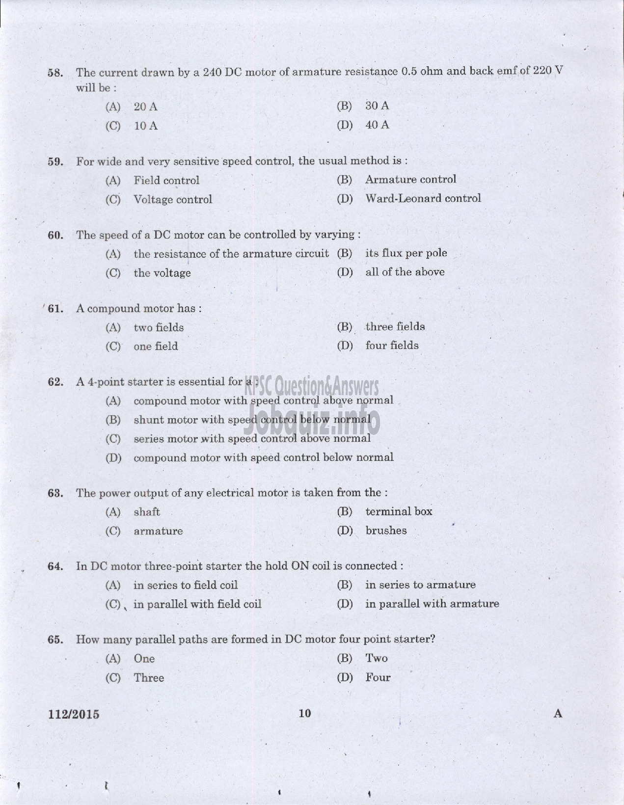 Kerala PSC Question Paper - TRADESMAN ELECTRICAL TECHNICAL EDUCATION/ELECTRICIAN GROUND WATER /ELECTRICIAN GR II PRINTING GOVT PRESSES ELECTRICIAN AGRICULTURE /ELECTRICIAN GR II THE KERALA CERAMICS LTD-8